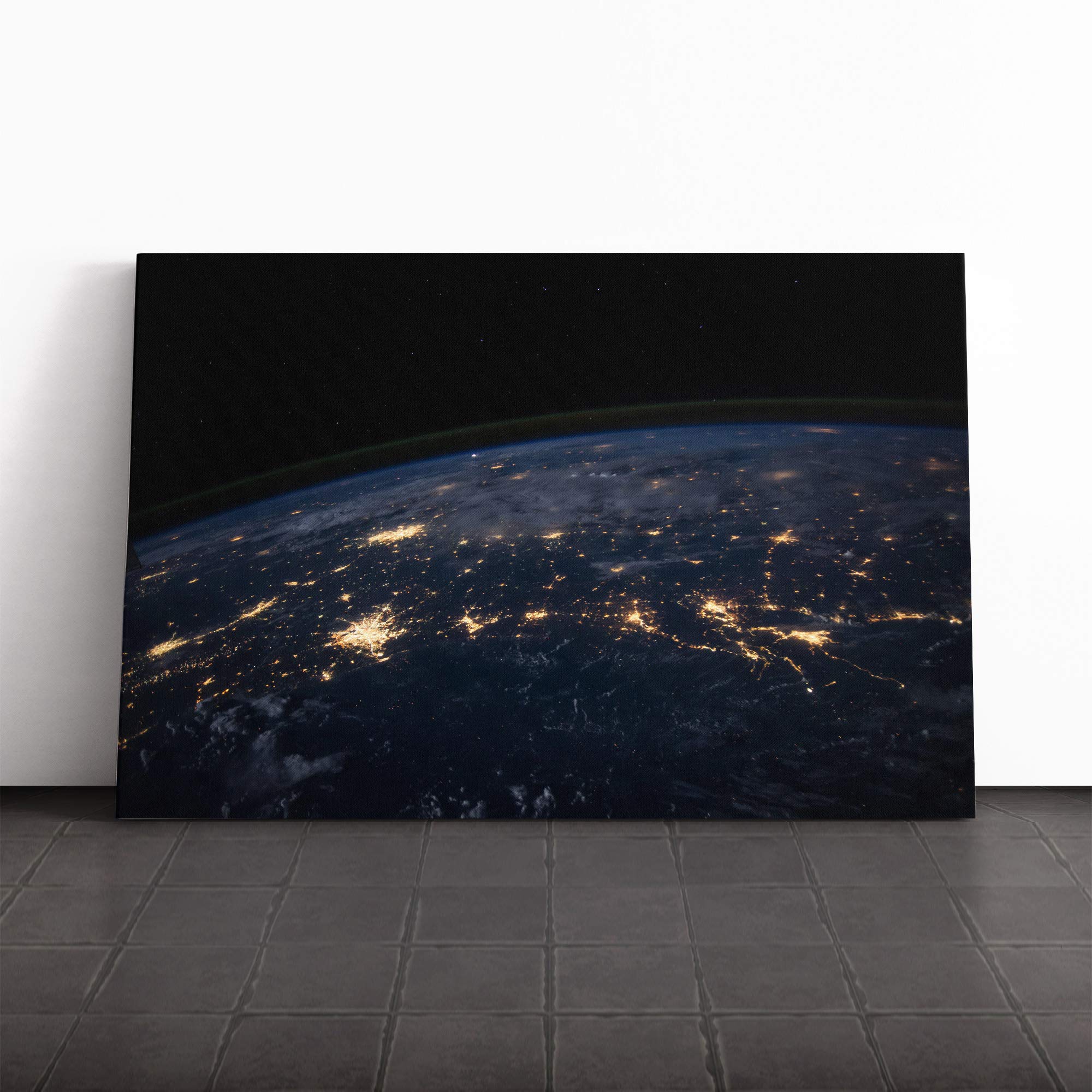 Lights Earth from Space Canvas Print | Gallery Wrapped 30mm Frame Wall Art | 24x16 inches | Ready to Hang | Modern Space Picture | Living Room Bedroom Lounge Office