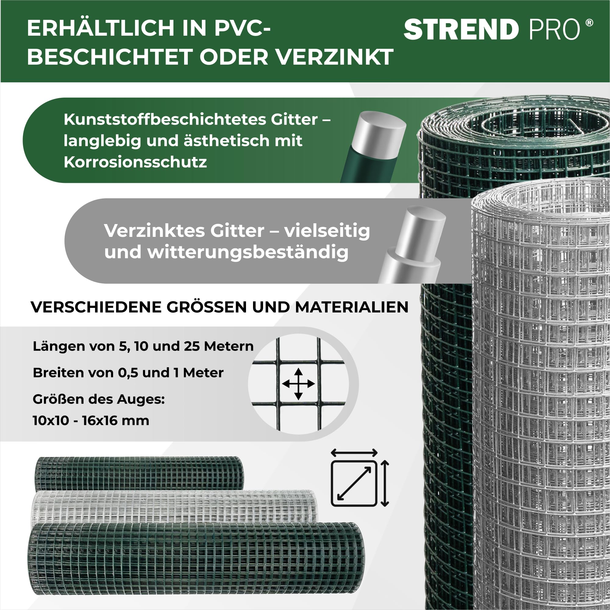 STREND PRO Maschendrahtzaun | Geschweißt - PVC | 0.5m x 5m | 1,2 mm, 12,7x12,7mm | Kaninchendraht, Hasendraht, Volierendraht für Garten & Tierhaltung | Hasengitter, Hühnerzaun, Zaun