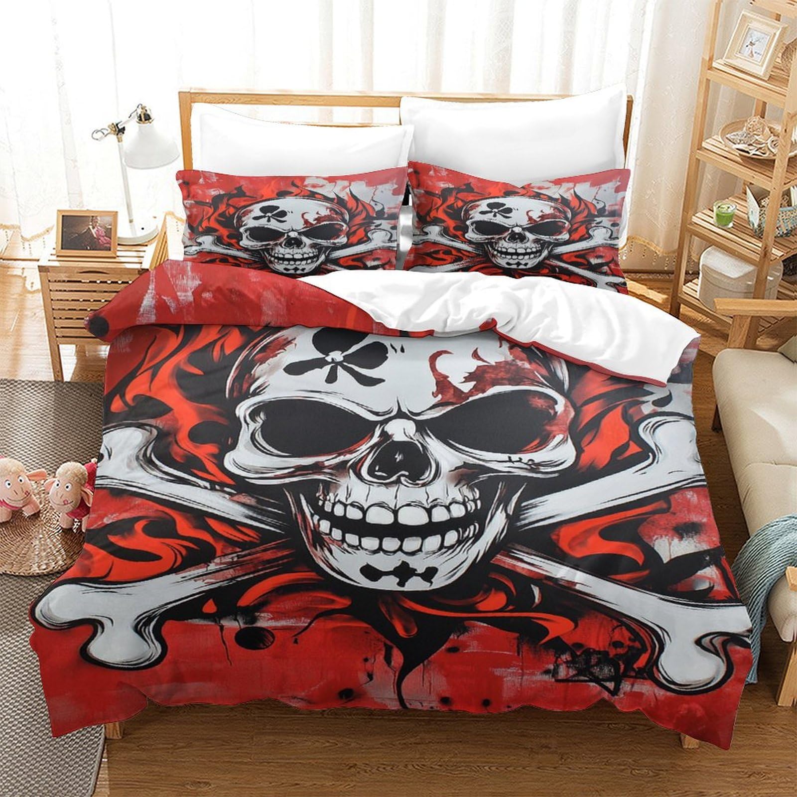 P1S9U7W5Y Edgy Skull 3D Printed Duvet Cover Set 3pcs Microfiber Punk Skull Bedding Set King（220x240cm）