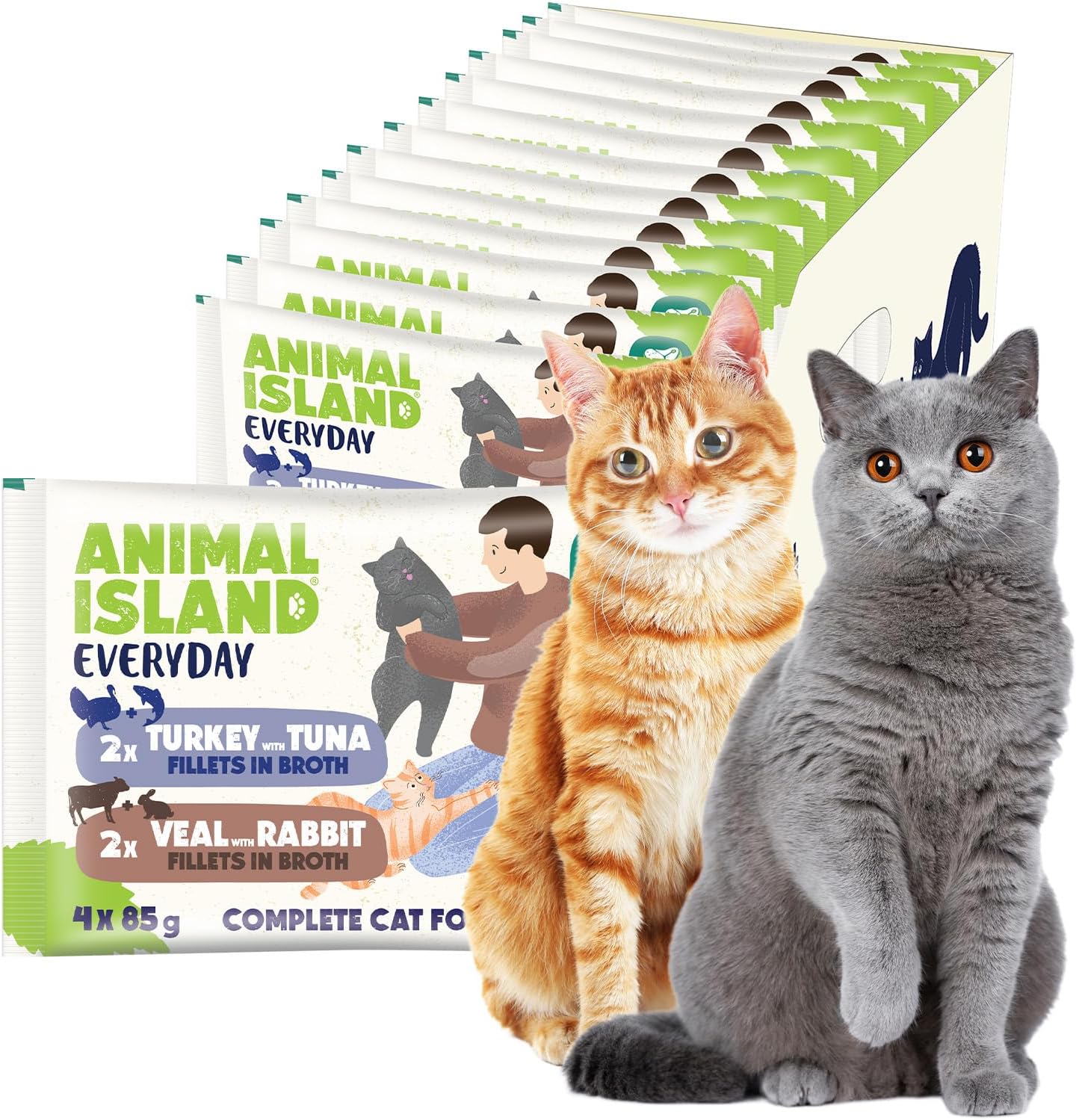 Animal Island Karma Mokra dla Kota Dorosłego Pełnoporcjowa Kawałki w Rosole 2x Cielęcina z Królikiem 2x Indyk z Tuńczykiem bez Zbóż, 4 x 85g