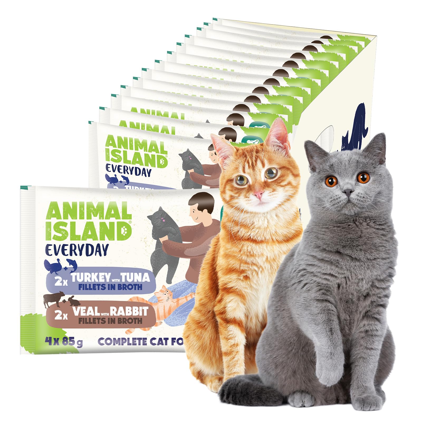 Animal Island Karma Mokra dla Kota Dorosłego Pełnoporcjowa Kawałki w Rosole 2x Cielęcina z Królikiem 2x Indyk z Tuńczykiem bez Zbóż, 4 x 85g