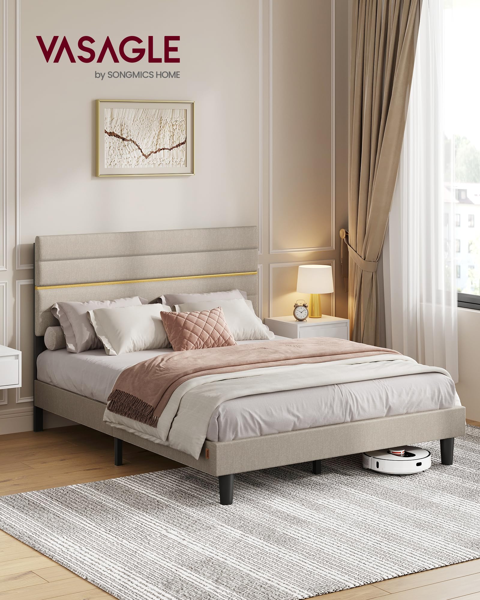 Tweepersoonsbedframe 140 x 200 cm, gestoffeerd platformbed met houten lattenbodem, bloemvormig