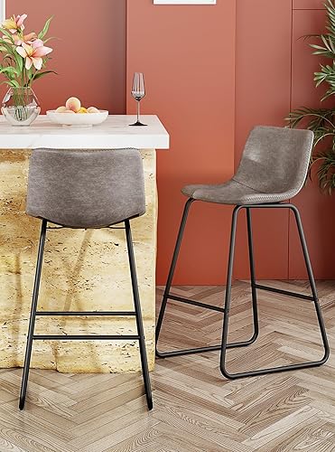 Miniatura 37 de Juego de 3 taburetes de bar de 26 pulgadas, modernos taburetes de bar de altura de barra, taburetes de bar de cuero sintético con respaldo y patas