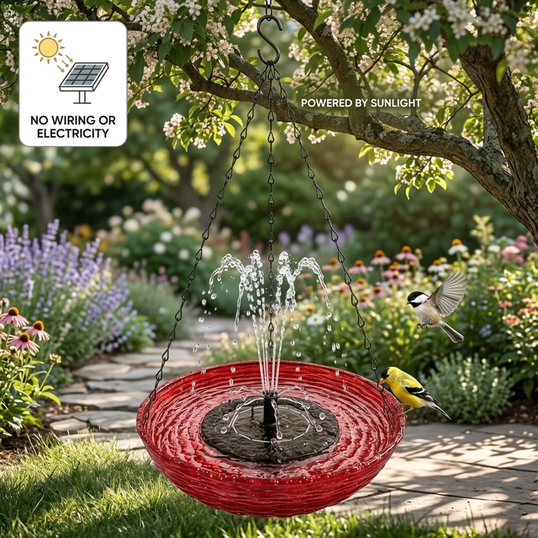 Vaschetta per Uccelli sospesa ad energia Solare per Esterni, Fontana per Uccelli per Giardino, Patio e Cortile (23x56 cm) Rossa