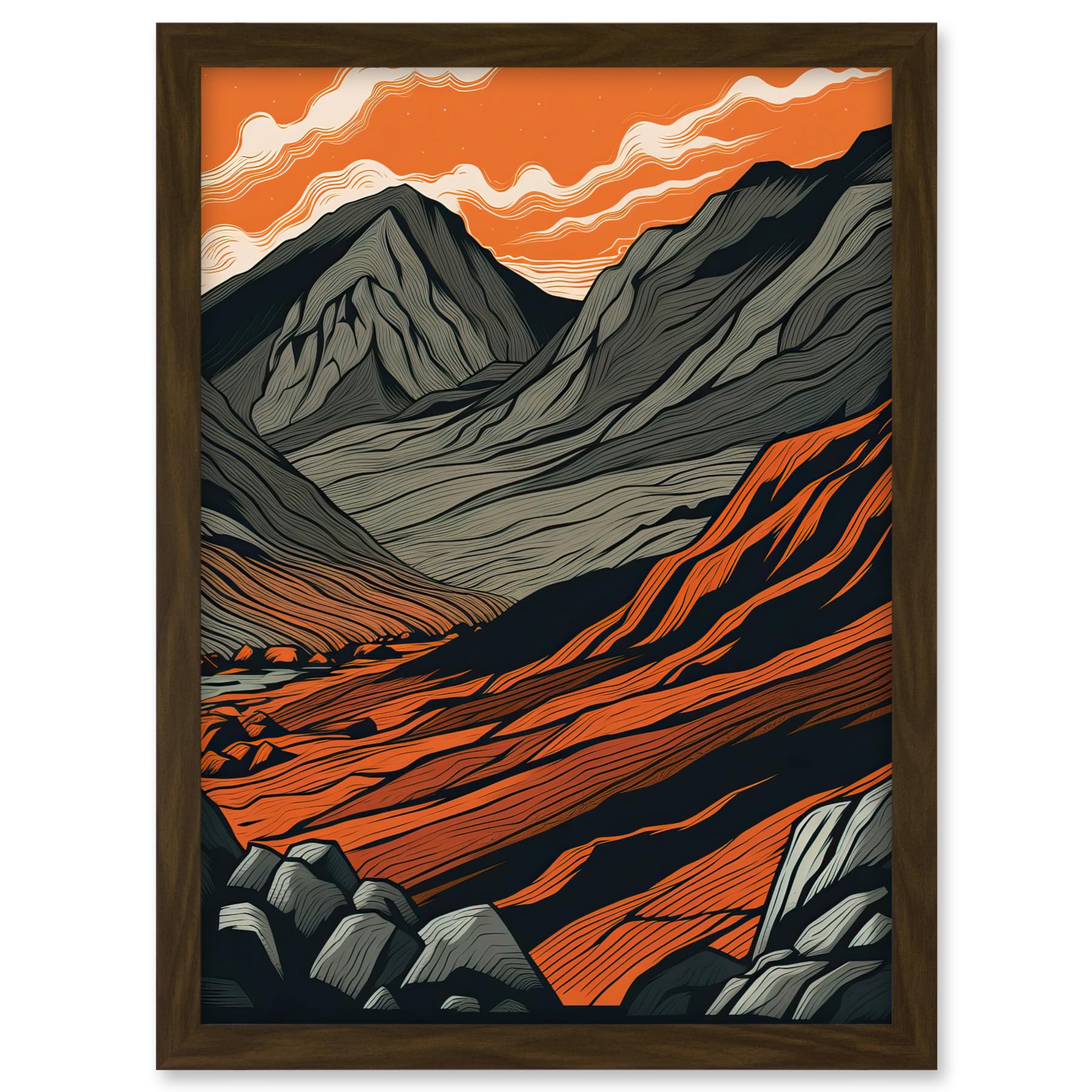 Artery8 Scafell Pike Mountain Landscape in Amber and Grey Artwork Framed A3 Wall Art Print