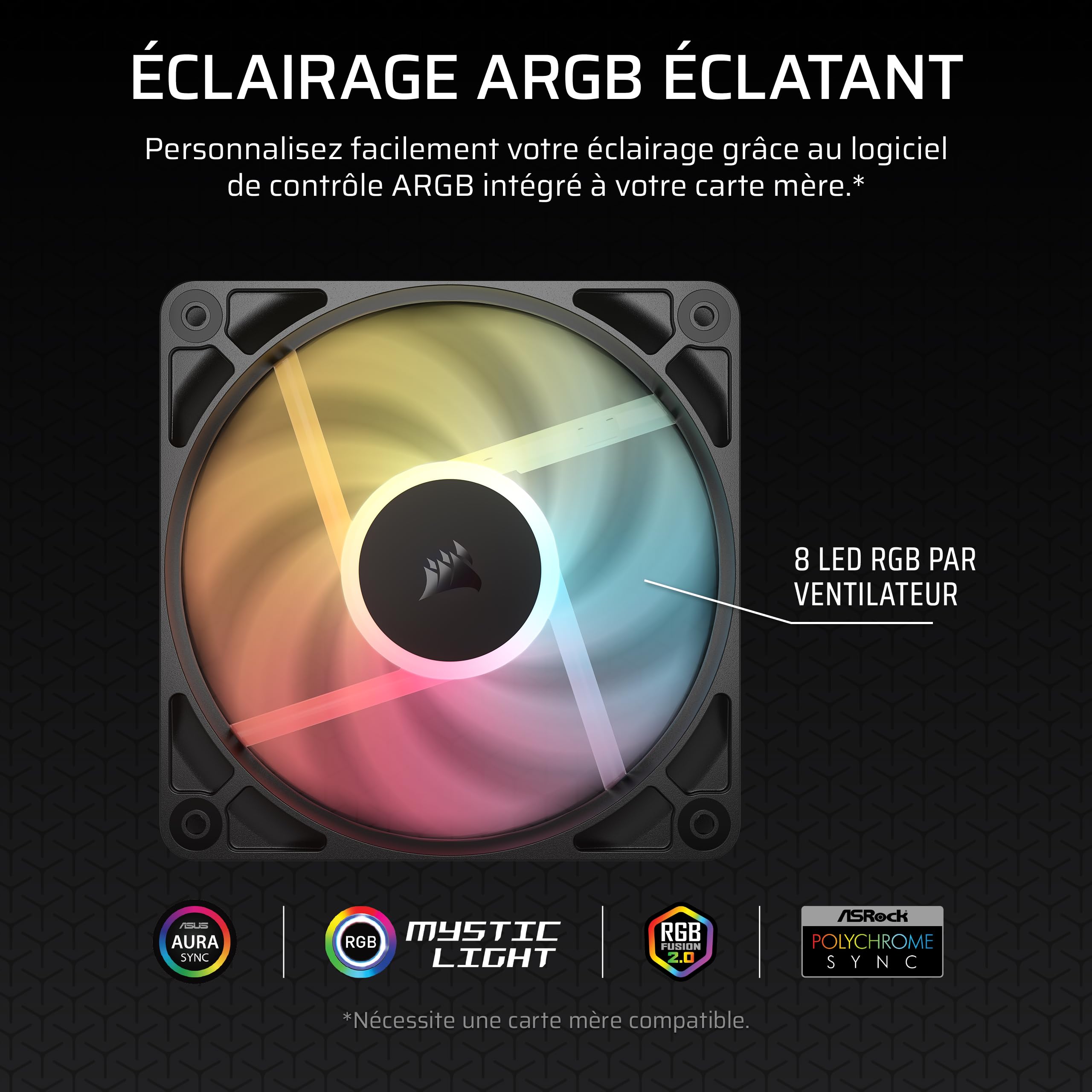 CORSAIR RS120-R ARGB 120mm PWM +5 ARGB Inversée Ventilateurs – Inversé Rotor, Huit RGB LEDs, Haute Pression Statique, Connecteurs en Série, Roulement à Dôme Magnétique – Pack Triple – Noir