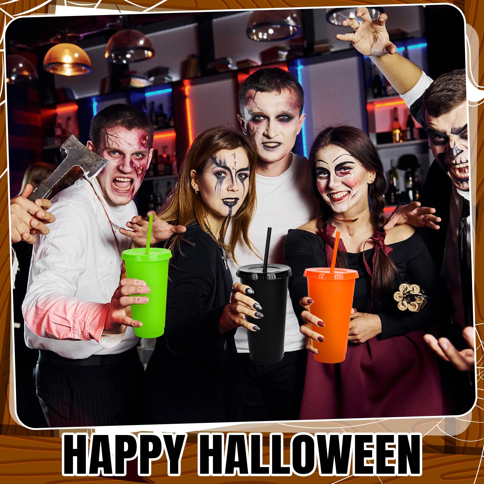 Whaline 12 bicchieri di plastica per Halloween, con coperchio, cannucce riutilizzabili, 3 colori, per caffè, bevande, bevande, feste, 680,4 g