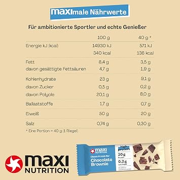 MaxiNutrition Classic Protein Bar Chocolate Brownie 16 x 40g - Protein Riegel mit 50% Eiweiß 20g Protein pro Riegel low sugar (02g) ohne Zuckerzusatz ohne künstliche Aromen/Farbstoffe