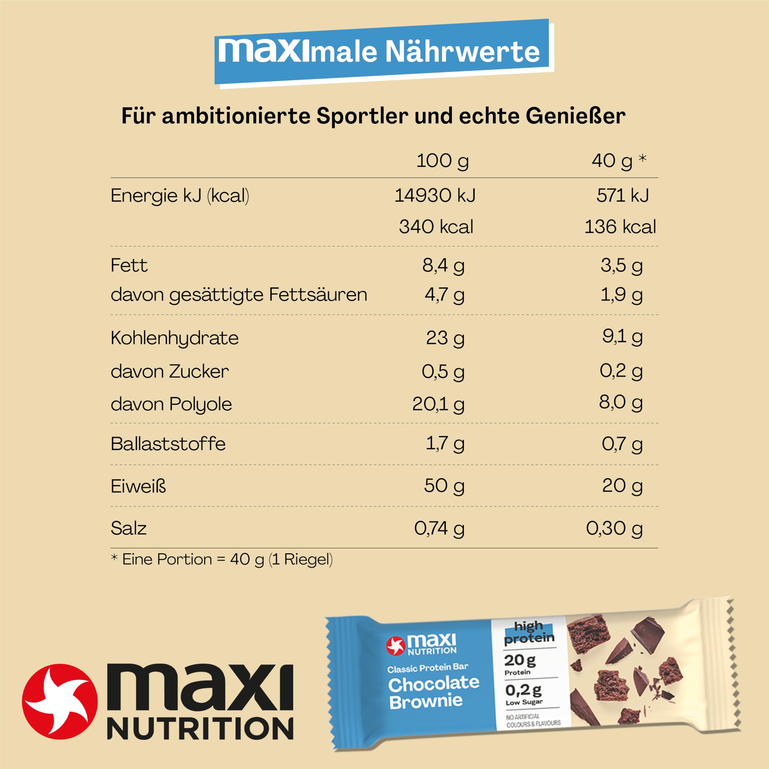 MaxiNutrition Classic Protein Bar Chocolate Brownie 16 x 40g - Protein Riegel mit 50% Eiweiß, 20g Protein pro Riegel, low sugar (0,2g), ohne Zuckerzusatz, ohne künstliche Aromen/Farbstoffe