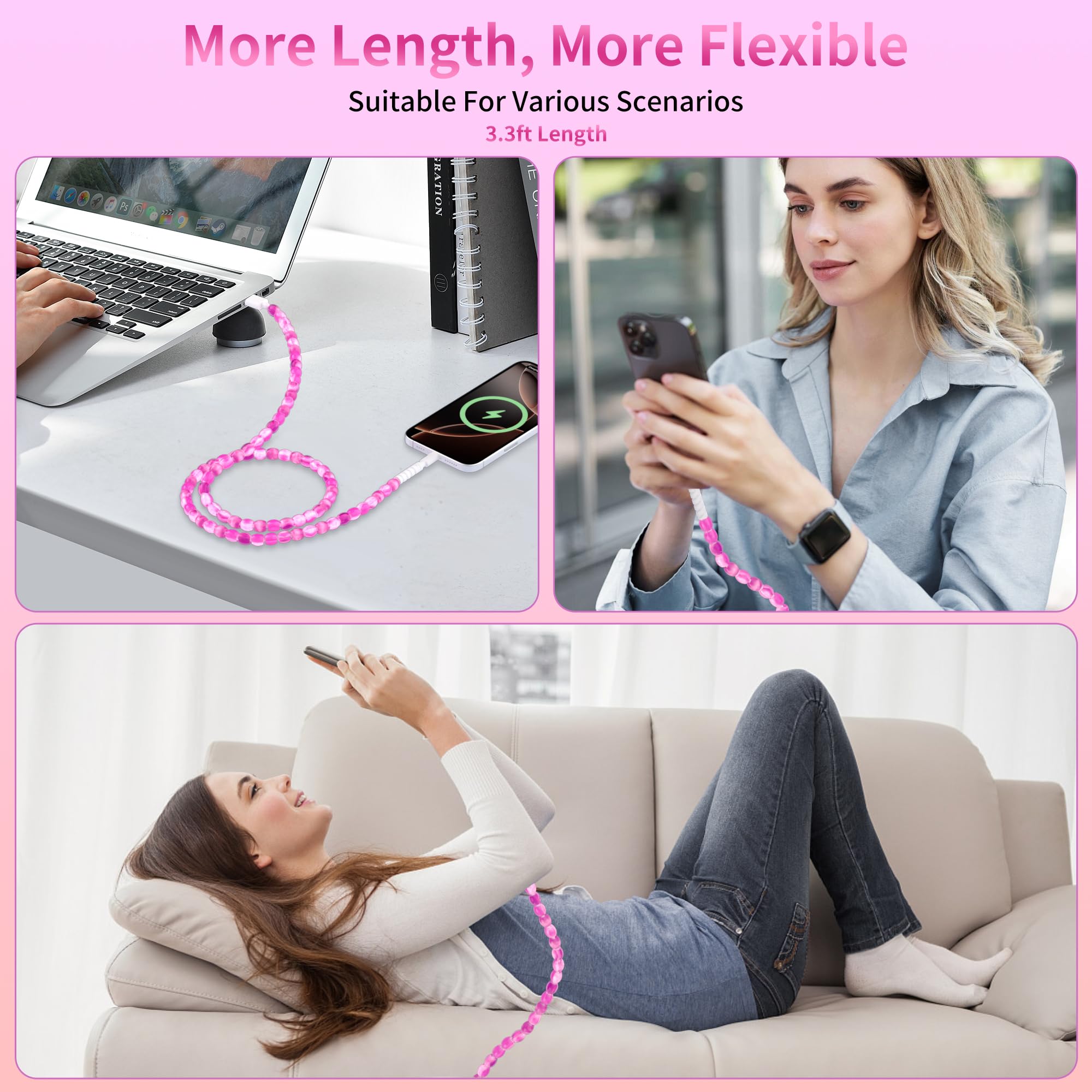 SAMONPOW Cavo USB C da 66 W USB a USB C Cavo di ricarica rapida 1,9 m carino giada perline di tipo C cavo di ricarica per donne ragazze cavo di ricarica per telefono per iPhone 16 15 Pro Galaxy S25
