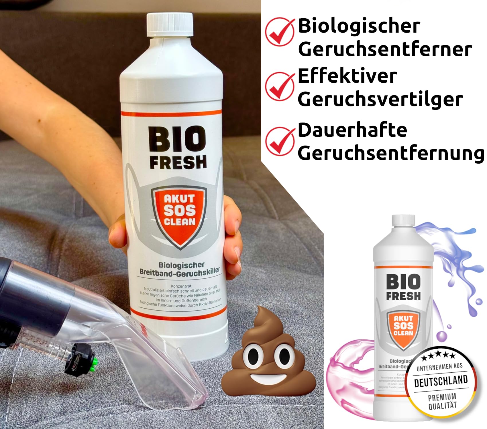 Akut SOS Clean BIO FRESH Biologischer Breitband-Geruchsentferner 1L - Enzymreiniger, beseitigt biologisch alle Arten von organischen Gerüchen wie Tierurin, Fäkalien, Müll + Gratis Mikrofasertuch