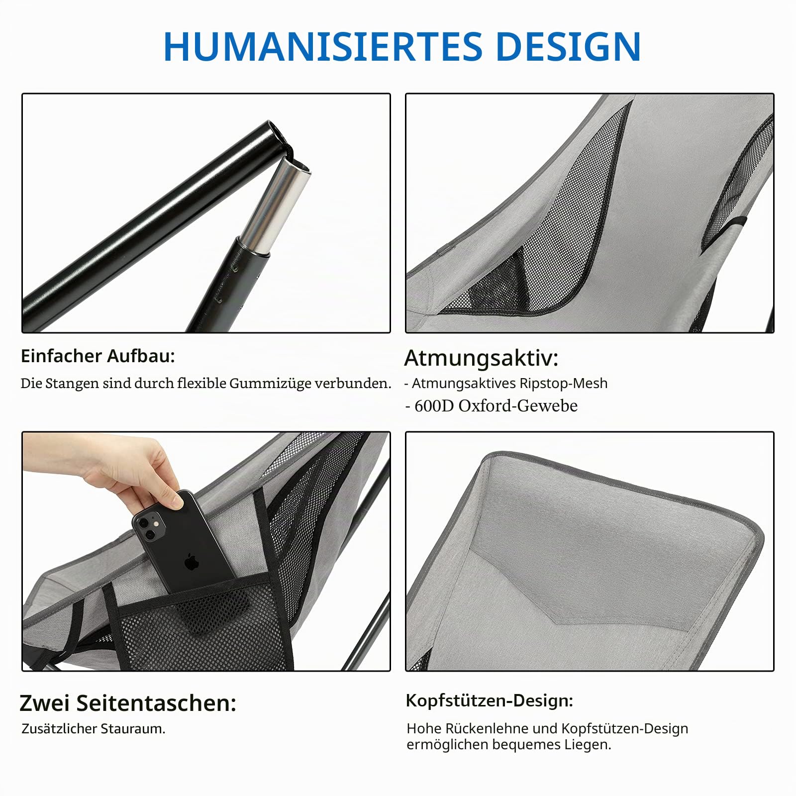 SHALLWE Klappbarer Campingstuhl mit hoher Rückenlehne, Aluminium-Struktur, Seitentasche, Tragetasche, kompakt für Outdoor-Rucksackreisen (Grau)