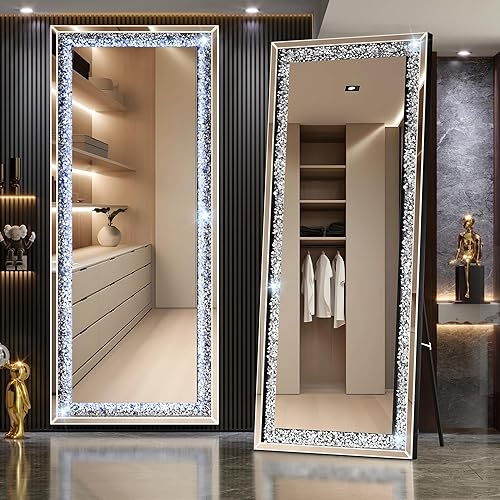 Hasipu Espejo de longitud completa de 69 x 26 pulgadas con luces y diamante de cristal, espejo de diamante colgante para colgar en la pared,