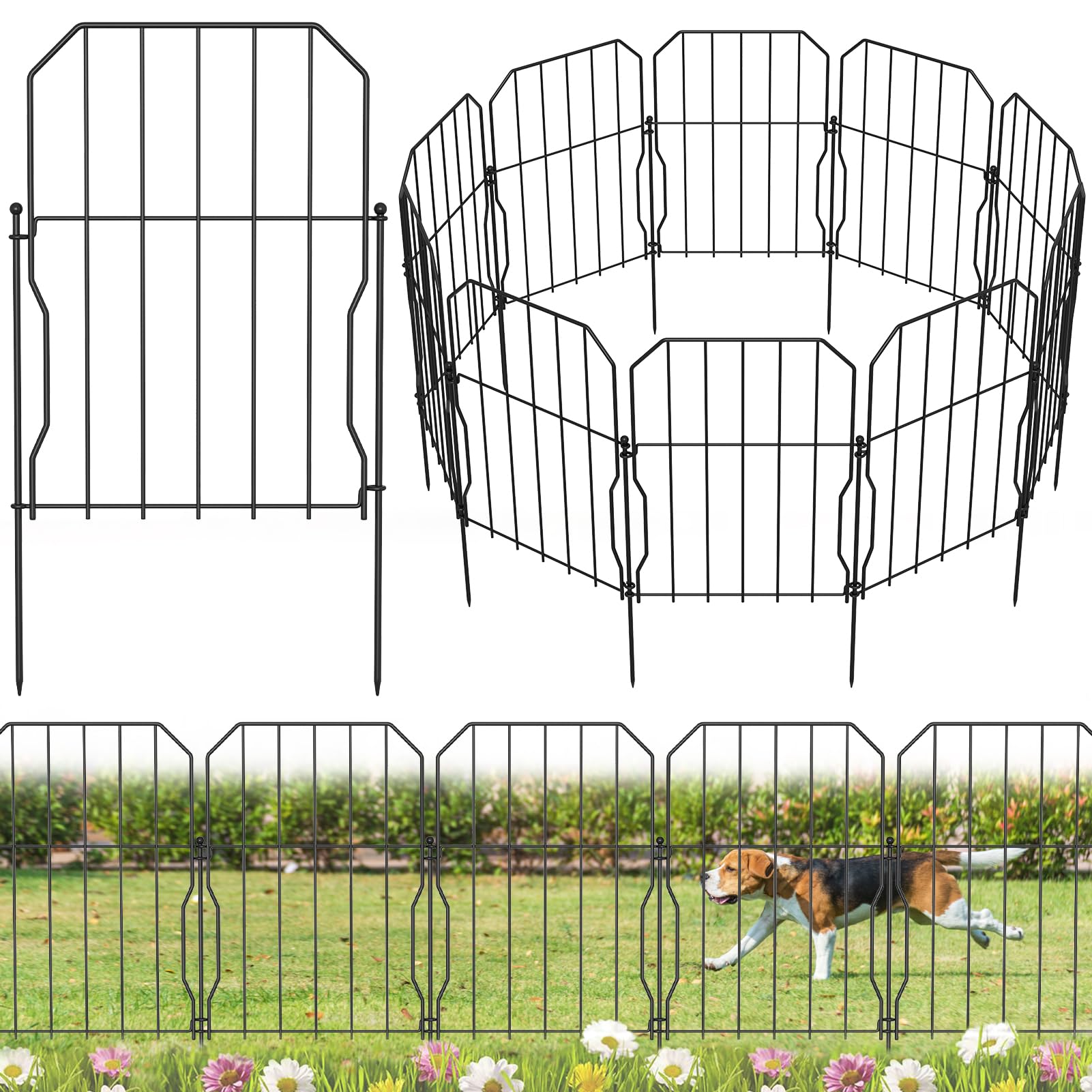 Vallas decorativas de 31 cm de alto x 41 cm de alto, paquete de 10 vallas de jardín de metal con techo oxidado, cama rectangular de jardín y barrera para animales, para conejo, perro, patio,