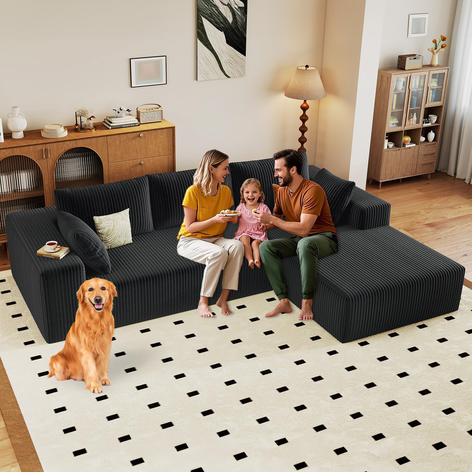 96" Modular Sectional Sofa, Modern Corduroy Cloud Couch with Deep Seat, Boneless Couch Upholstered 3-Seater L-Shaped Sofa for Living Room, No Assembly Required (Black, Right-Facing Chaise)