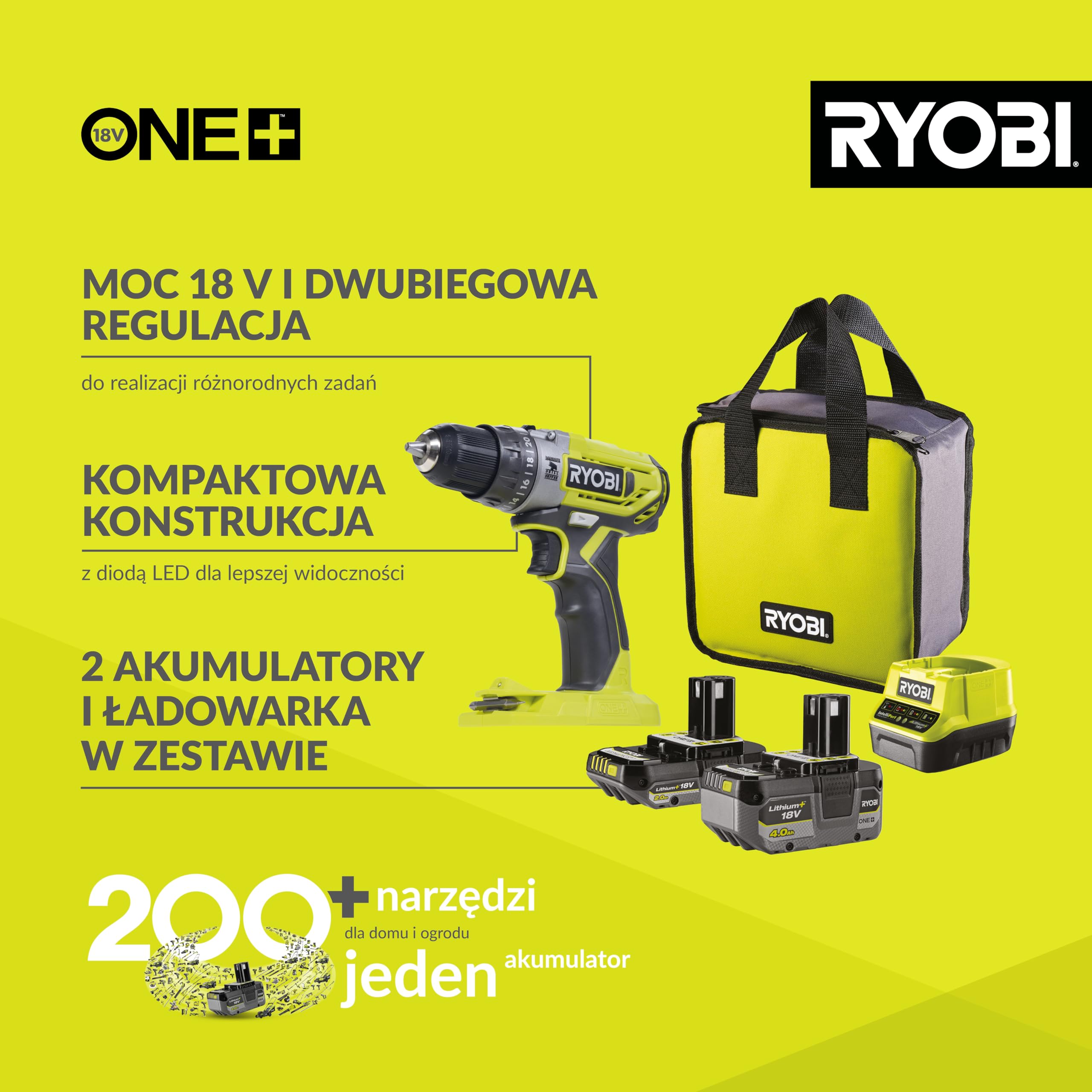 Ryobi Wiertarko-Wkrętarka Udarowa 18 V, R18PD2-242S, Moment Obrotowy 40 Nm, 2 Biegi 0-400/0-1350 obr/min., Max Liczba Udarów 21600/min, Bezkluczykowy Uchwyt Wiertarski 10 mm, Wbudowana Lampka LED