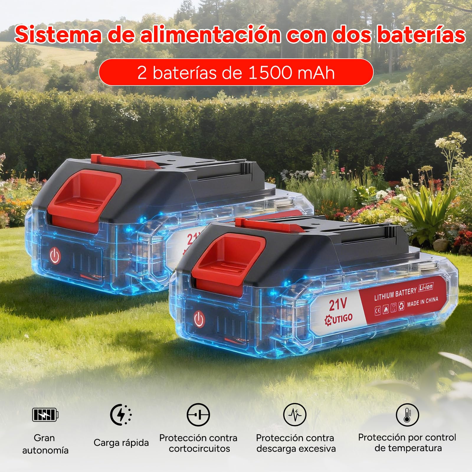OUTIGO Cortadora de césped eléctrica inalámbrica, desbrozadora inalámbrica con 2 baterías y 4 Cuchillas, Recortar Malas Hierbas, césped Exterior y Ramas pequeñas, Decespugliatore Elettrico