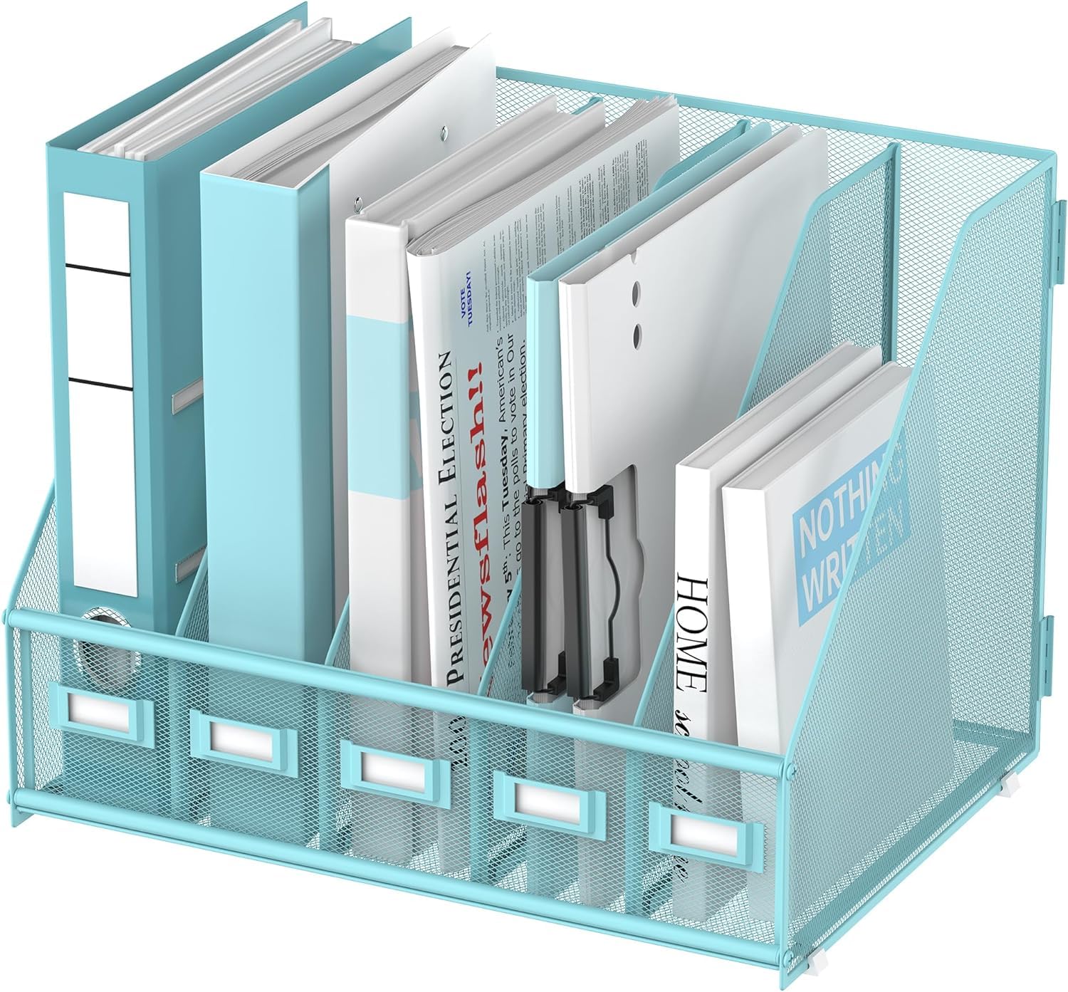 SUPTIDY Metallischer Schreibtisch Organizer mit 5 vertikalen Fächern (41.5 * 30.51 * 31.5 cm), Magazin Ständer für Büro, Homeoffice und Arbeitsplatz, Blau