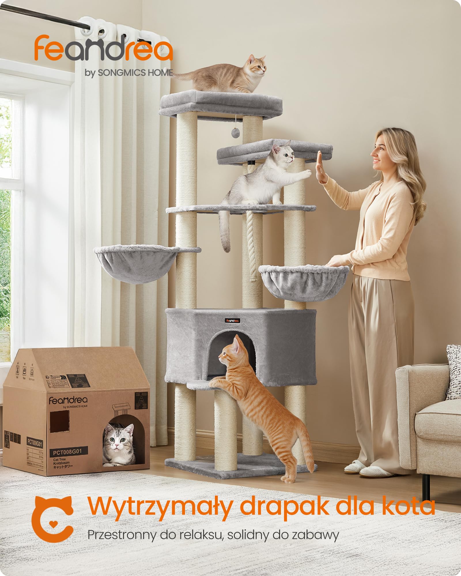 Feandrea Drzewko dla kota, duże, wielopiętrowe, XXL, 55 x 55 x 186,7 cm, słupki sizalowe o średnicy 11 cm, dla kotów rasy Maine Coon, w kolorze gołębiej szarości i kremowej bieli PCT008G01