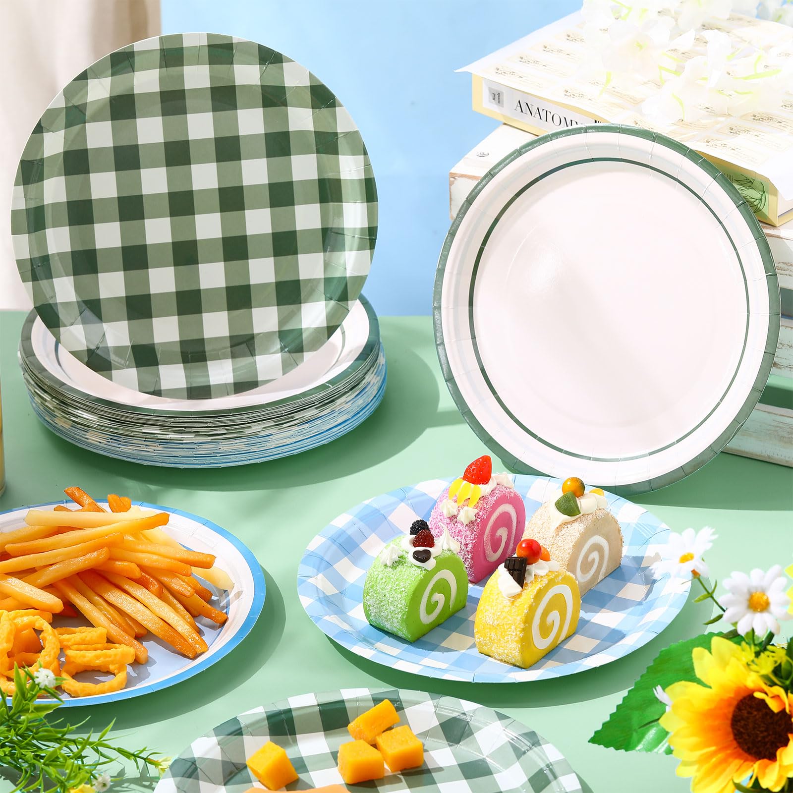 Tiangrid 60 Pcs Blue and Green Gingham Paper Dessert Plates 9 Inch Disposable Checkered Plaid Dinner Plates for Birthday Baby Shower Wedding Camping Themed Party Supplies, 4 Styles