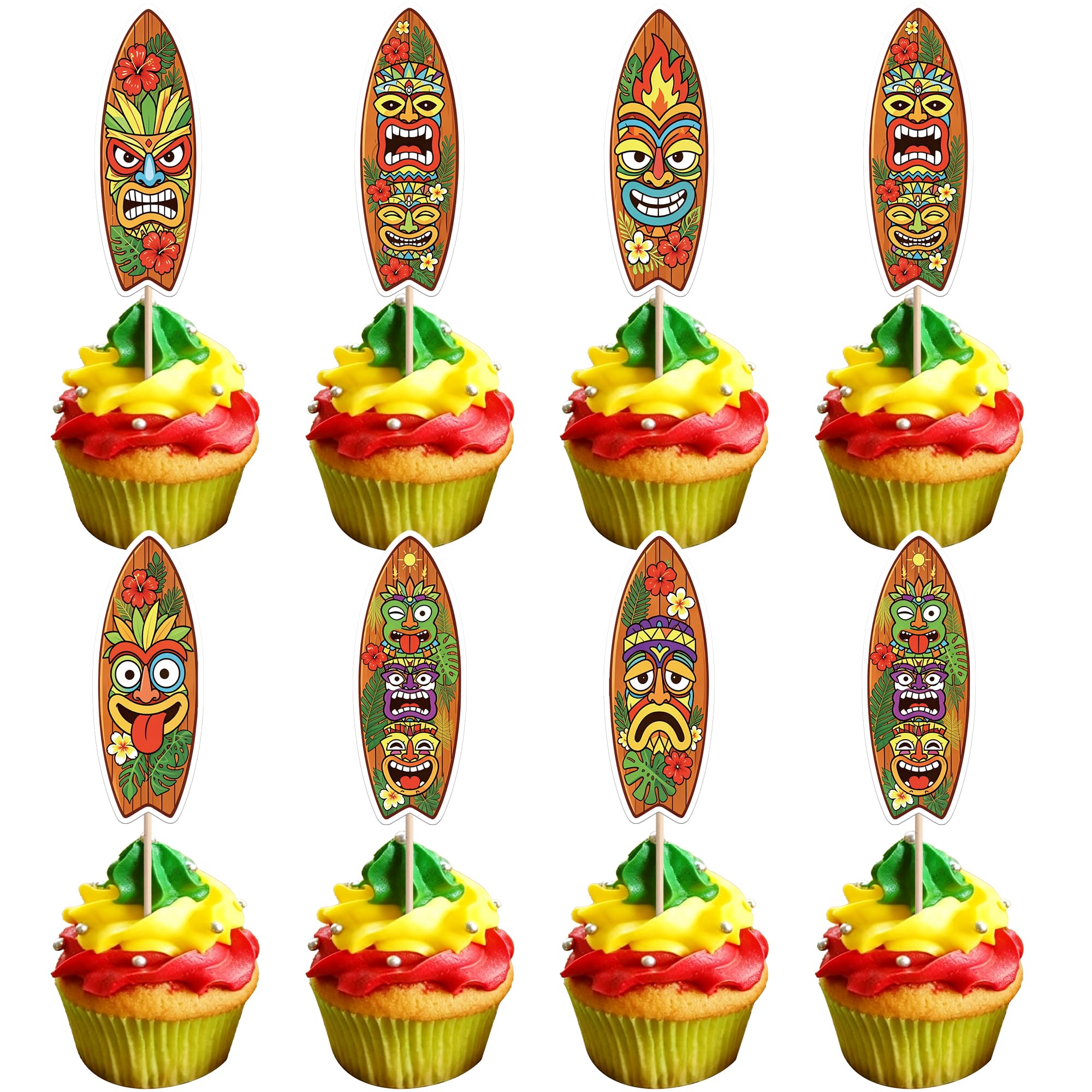 SYKYCTCY 36 Pack Hawaii Tiki Surfboard Cupcake Toppers Tiki Tribal Masks Surfboard Cupcake Picks Hawaiian Tropical Themed Party Cake Decorations for Summer Aloha Tropical Birthday Party Supplies