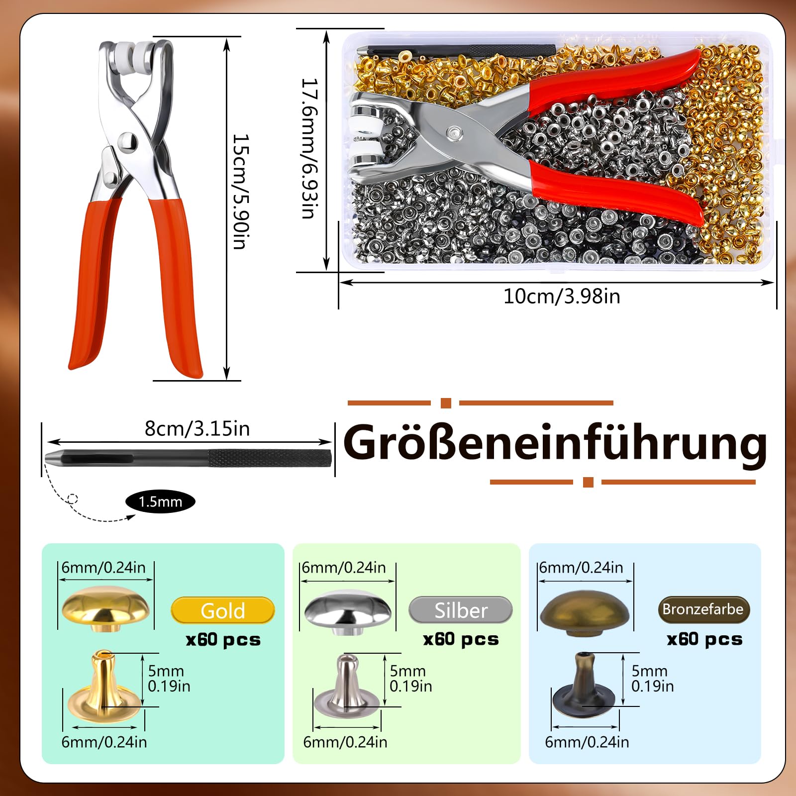 Set Rivetti In Pelle 180 Pezzi | Borchie Metallo 6mm Con Pinza | Per Borse, Cinture - Foto 4