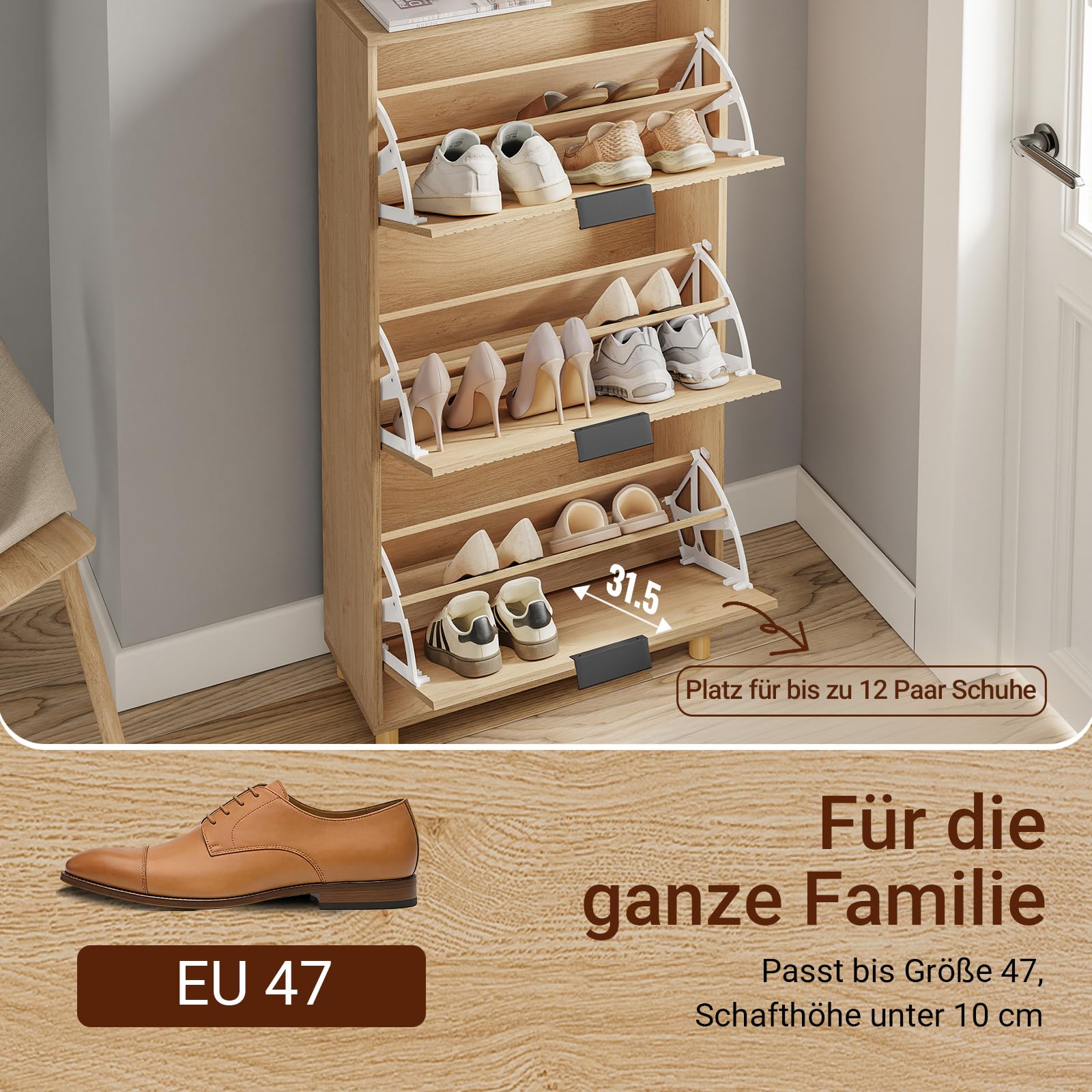 Wąska szafka na buty SoBuy - drewniana szafka na buty o szerokości 24 cm, idealna do przedpokoju, wejścia, dla rodziny, kolor drewno, wymiary 60x24x120 cm, FSR213-N | Duża pojemność do rozmiaru 47, nowoczesny nordycki design, idealny do przedpokoju, wejśc