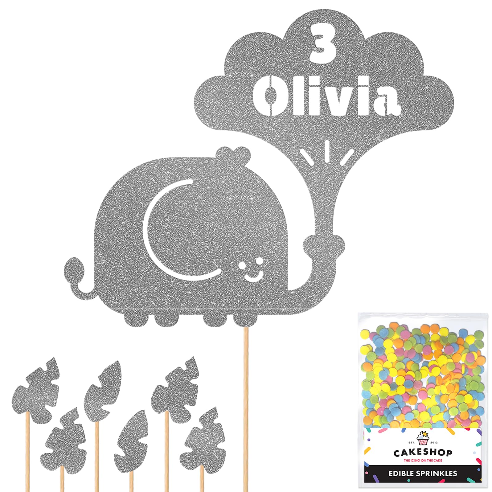 Personalised Jungle Elephant Glitter Cake Topper Dk Silver Any Custom Age & Name Glitter Cake Decoration and Sprinkles - Happy Birthday Decorations - Personalised Toppers for Cakes by Cakeshop