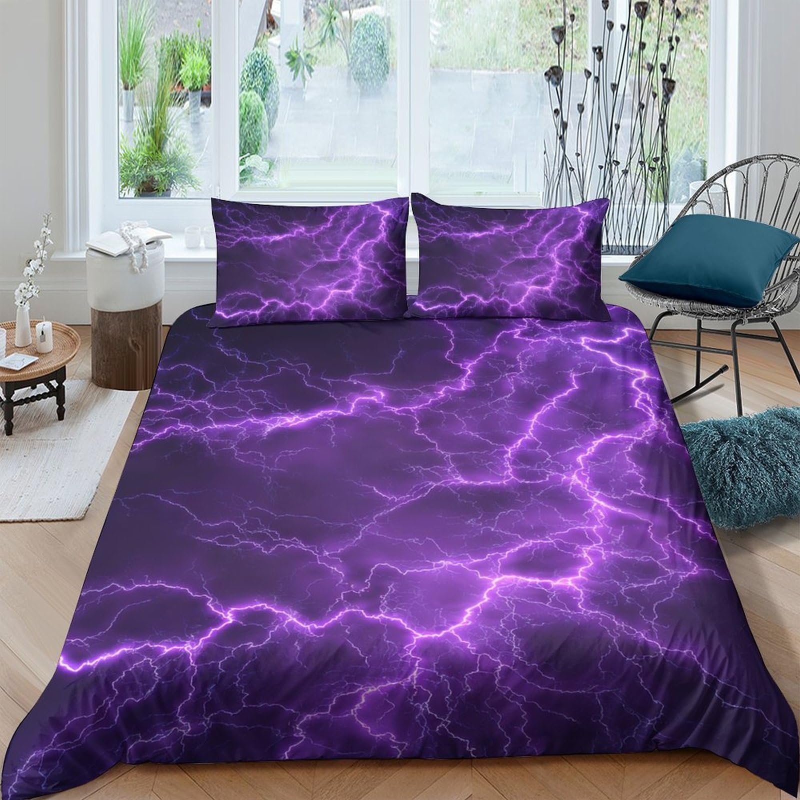 GPLZQXKJNH 3D Printed Purple Lightning Duvet Cover Microfiber Soft Breathable Electric Storm Bedding Set with 2 Pillowcases for Bedroom Decor Single（135x200cm）