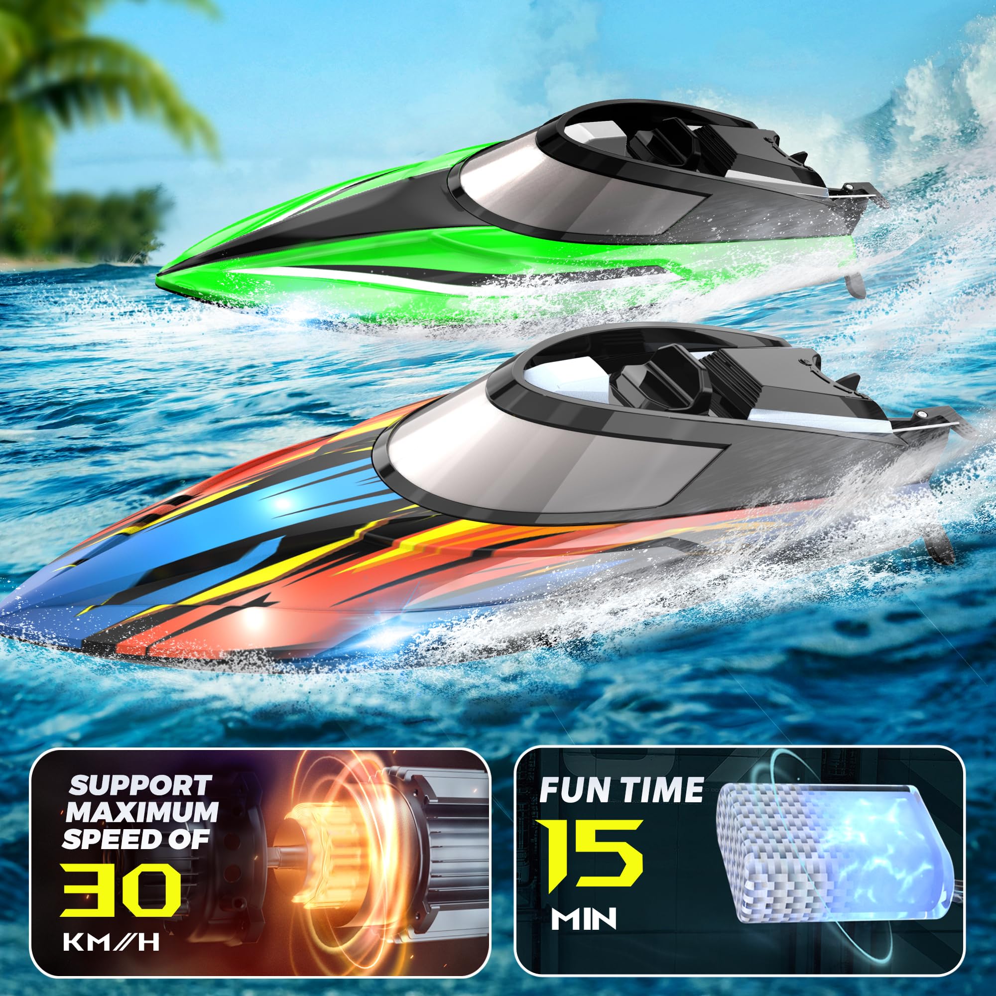 BEZGAR Remote Control Boat, 2 Pack12 inch RC Boat with Case– Auto-Flip, 30 KPH Fast Speed, 8-Shaped Mode & LED Lights – Waterproof Racing Boats for Pools, Lakes, Oceans (Adults & Teens)