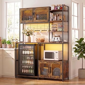 Loomie Bakers Rack with Power Outlet and LED Light, 71" Tall Kitchen Microwave Stand with Fridge Space, Farmhouse Coffee Bar Cabinet with Mesh Doors, Kitchen Shelves with Hooks Rustic Brown