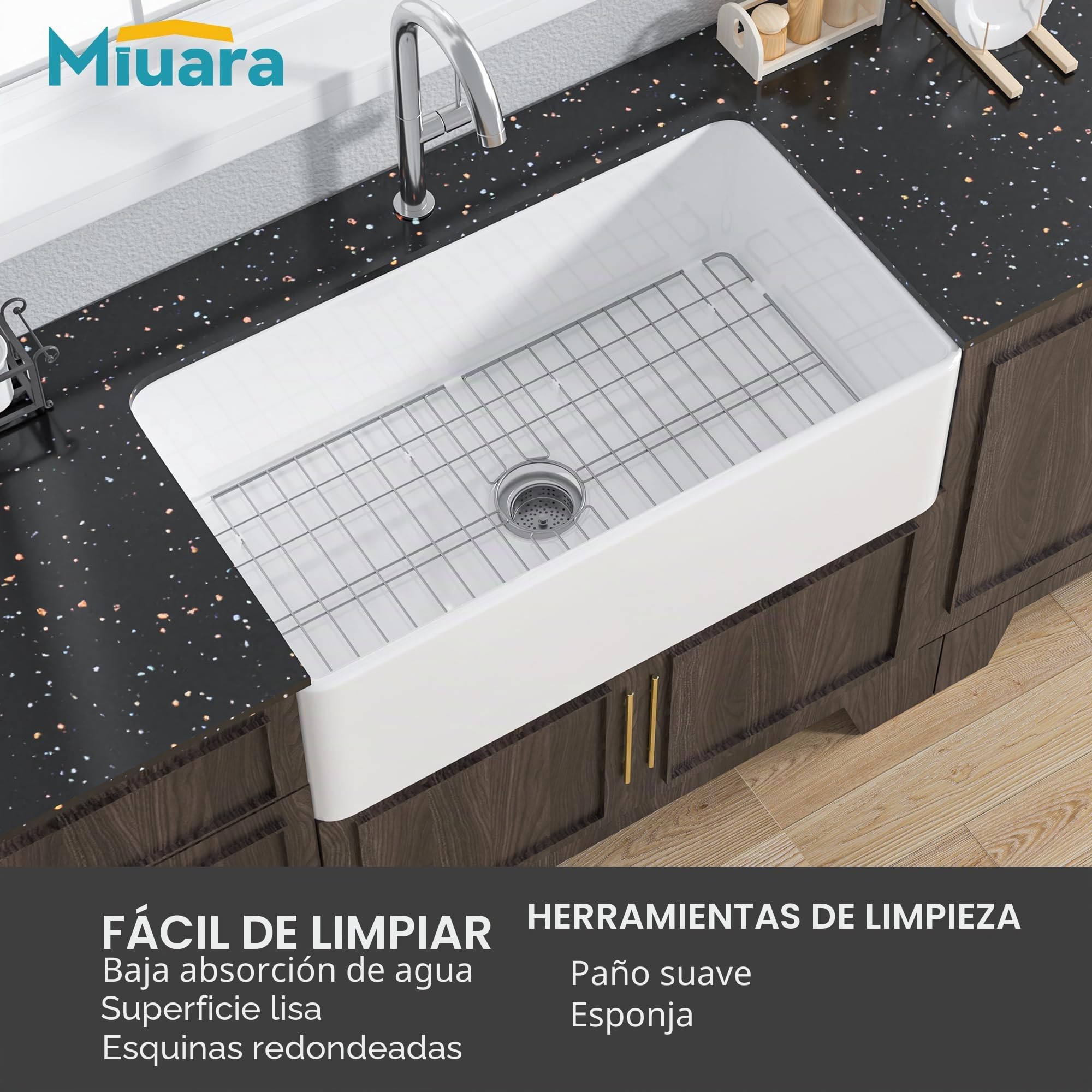 Miuara Fregadero de Granja de 33 Pulgadas - Fregadero de Cocina con Frente de Delantal Reversible 33"x18"x10", Instalación Bajo Encimera, Cuenco Individual de Estilo Casa de Granja, Arcilla