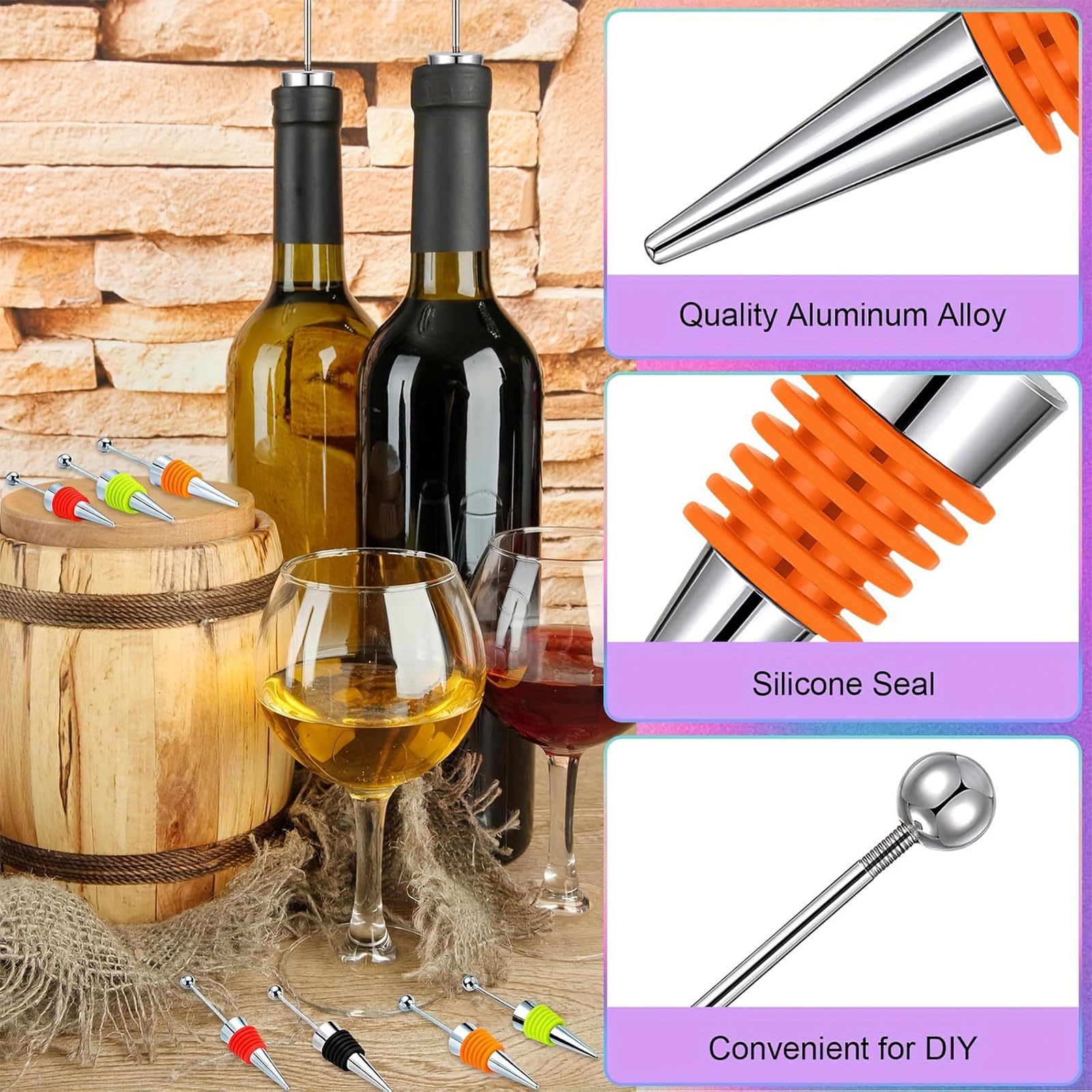 Lot de 60 bouchons à vin colorés en alliage avec sachets brillants et cartes de remerciement pour mariage ou événement