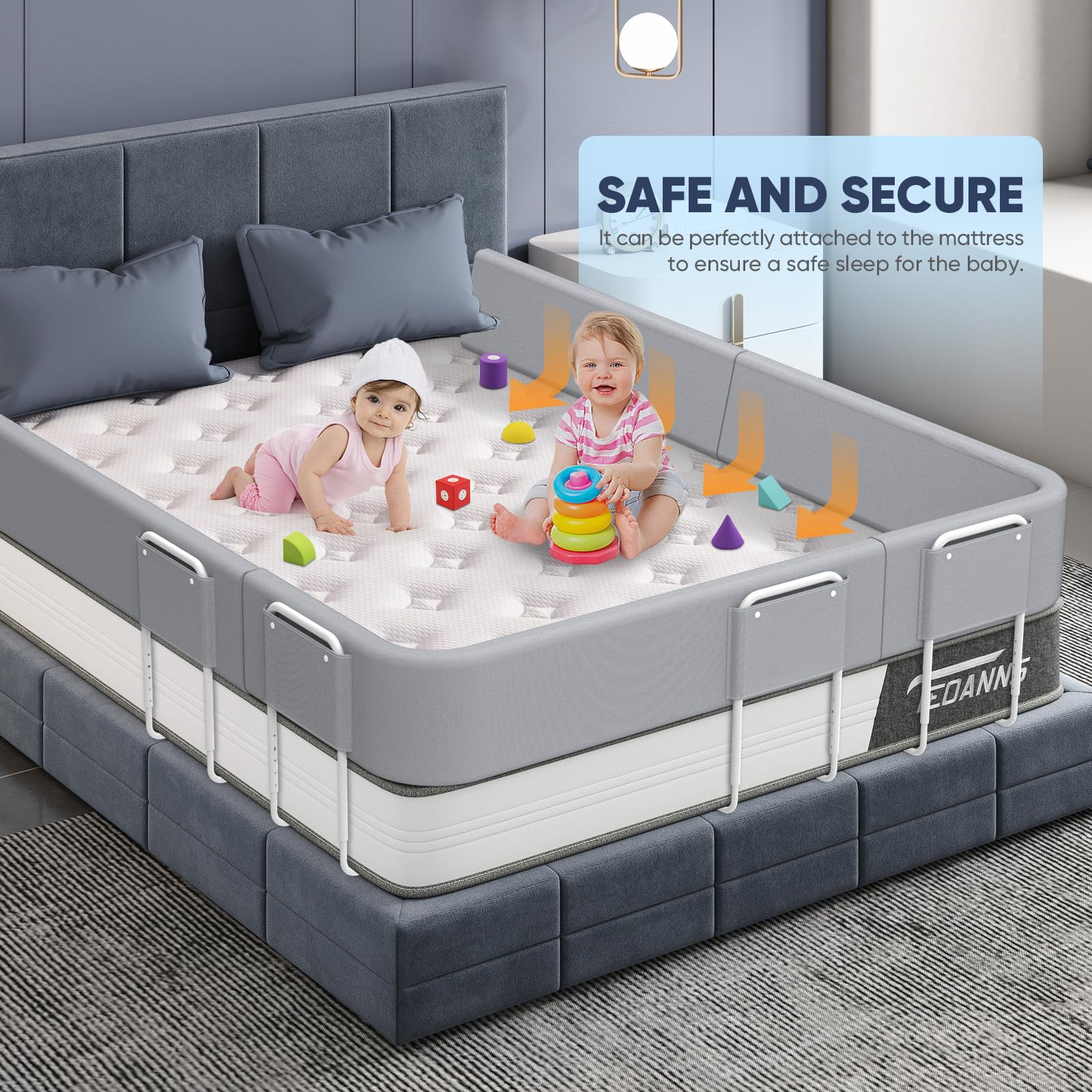 Barra Letto Bambini Anticaduta, 180cm Sponda Letto Bambini, Barriera di Sicurezza Letto per Bambini, Paracolpi Letto, 5 Fori, Regolabile in Altezza, Protezioni Laterali, Lino Grigio