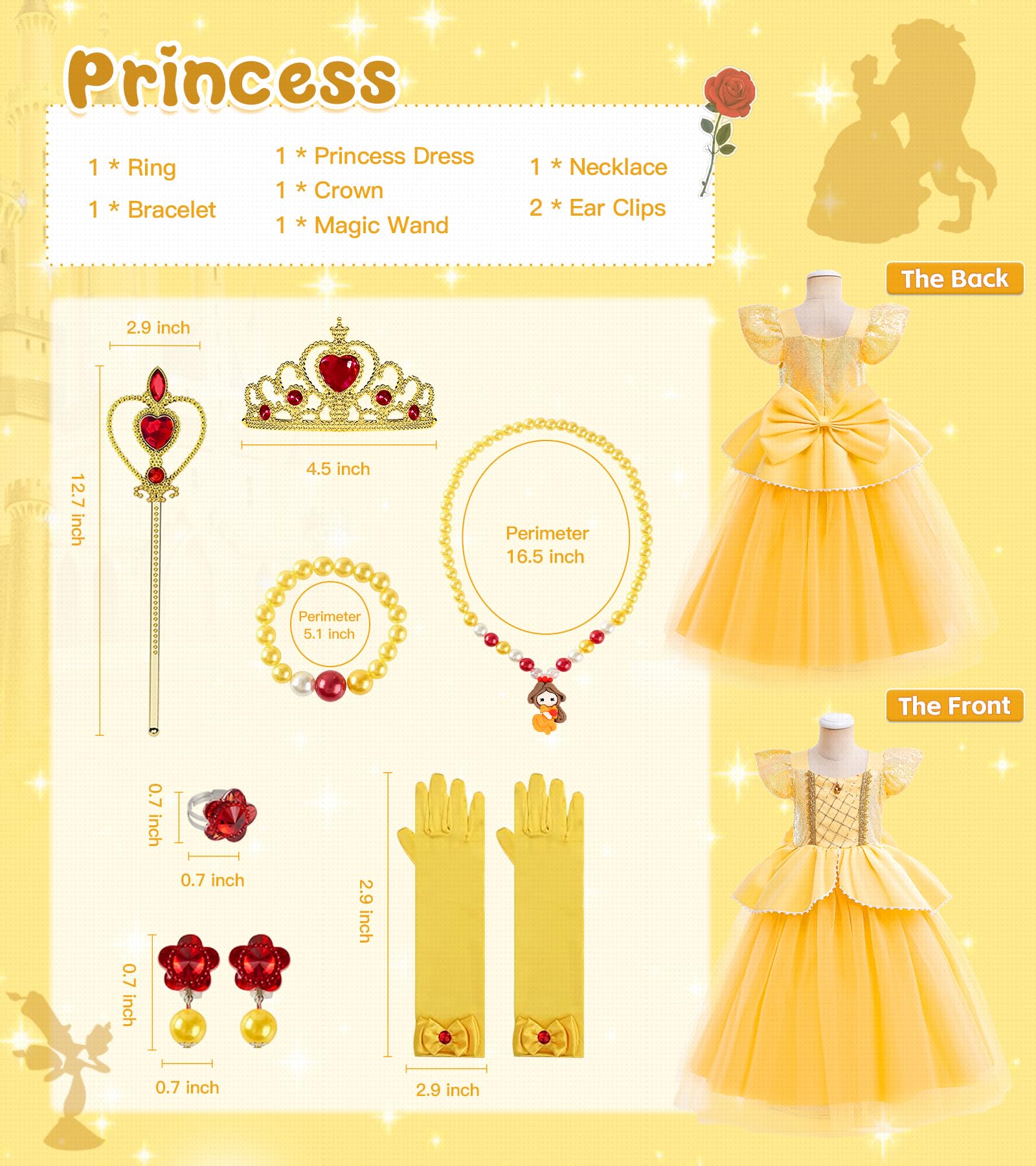 Vestito Principessa Bambina, Costume Rosa Bella e la Bestia con Set Corona Principessa, Bella Costume Carnevale per Regalo Bambina, Costume Bella e la Bestia per Compleanno Cosplay