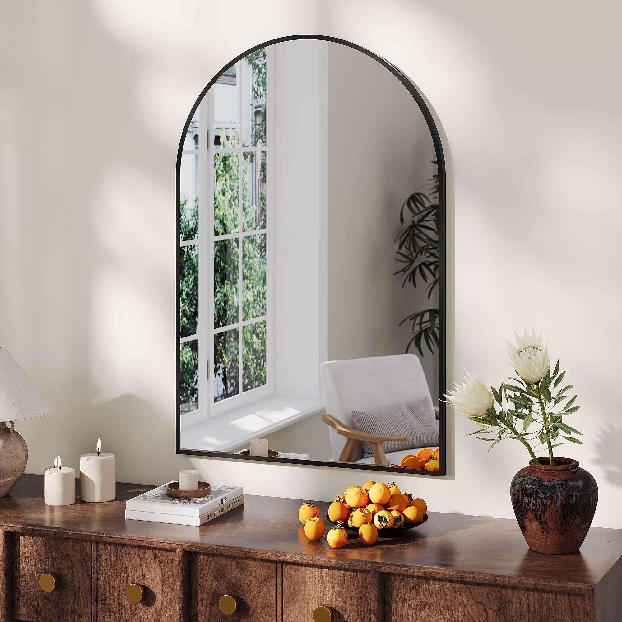 Garvee Espejo de Baño, Espejo de Pared Arqueado 61 x 91,4 cm, Marco de Aluminio Moderno, Espejo Decorativo para Entrada, Recibidor, Dormitorio o Salón, Vidrio HD de 5mm, Negro