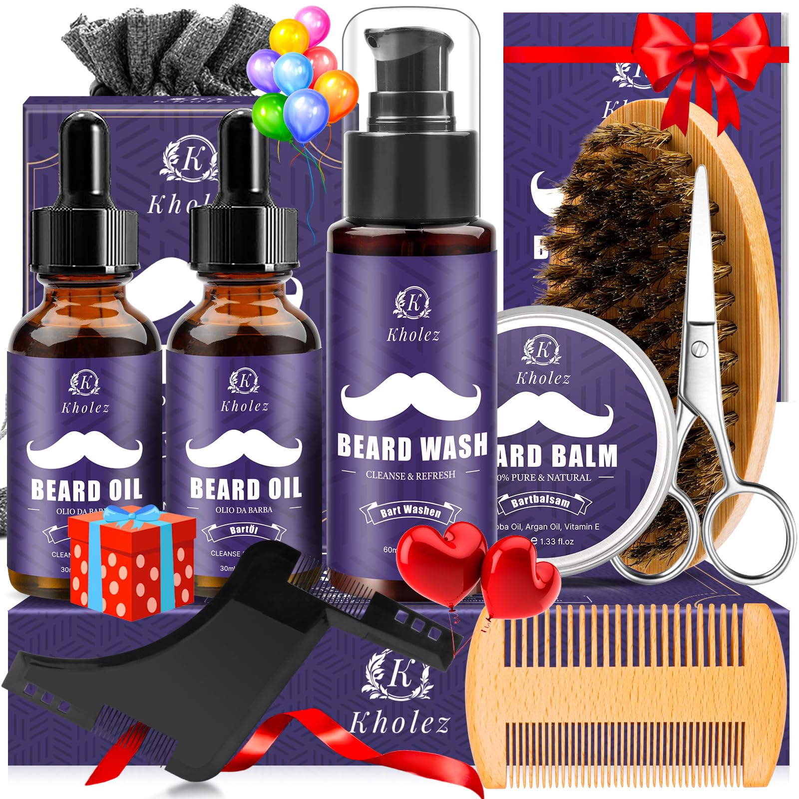 KHOLEZ Coffret Barbe Homme 10 en 1 Complet Professionnel, Kit Soins Barbe Homme avec Huile, Shampoing, Crème Barbe, Cadeau Fête des Pères, Idee Cadeau Homme pour Papa, Papi, Mari, Frère, Ami
