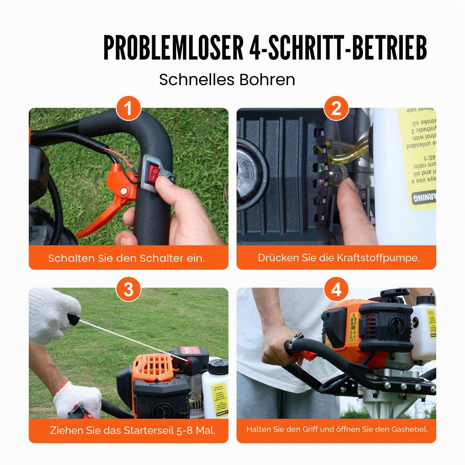 VEVOR Erdbohrer mit Benzinmotor, 52 CC, 1450 W, Benzinbohrer mit 8-Zoll-Bohrkronen und 1 Verlängerungsstange, Lochbohrer für Pfostenzäune für Ackerland, Gartenpflanzen, Orange+Schwarz