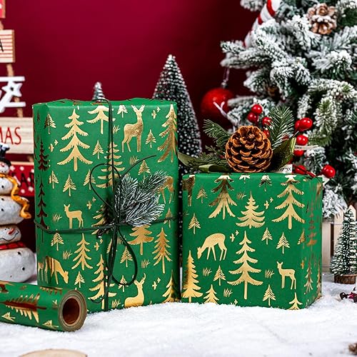 Miniatura 67 de Yarcony Papel kraft de regalo de Navidad, papel de regalo negro, árboles de Navidad de lujo, renos, copos de nieve, papel de estraza resistente