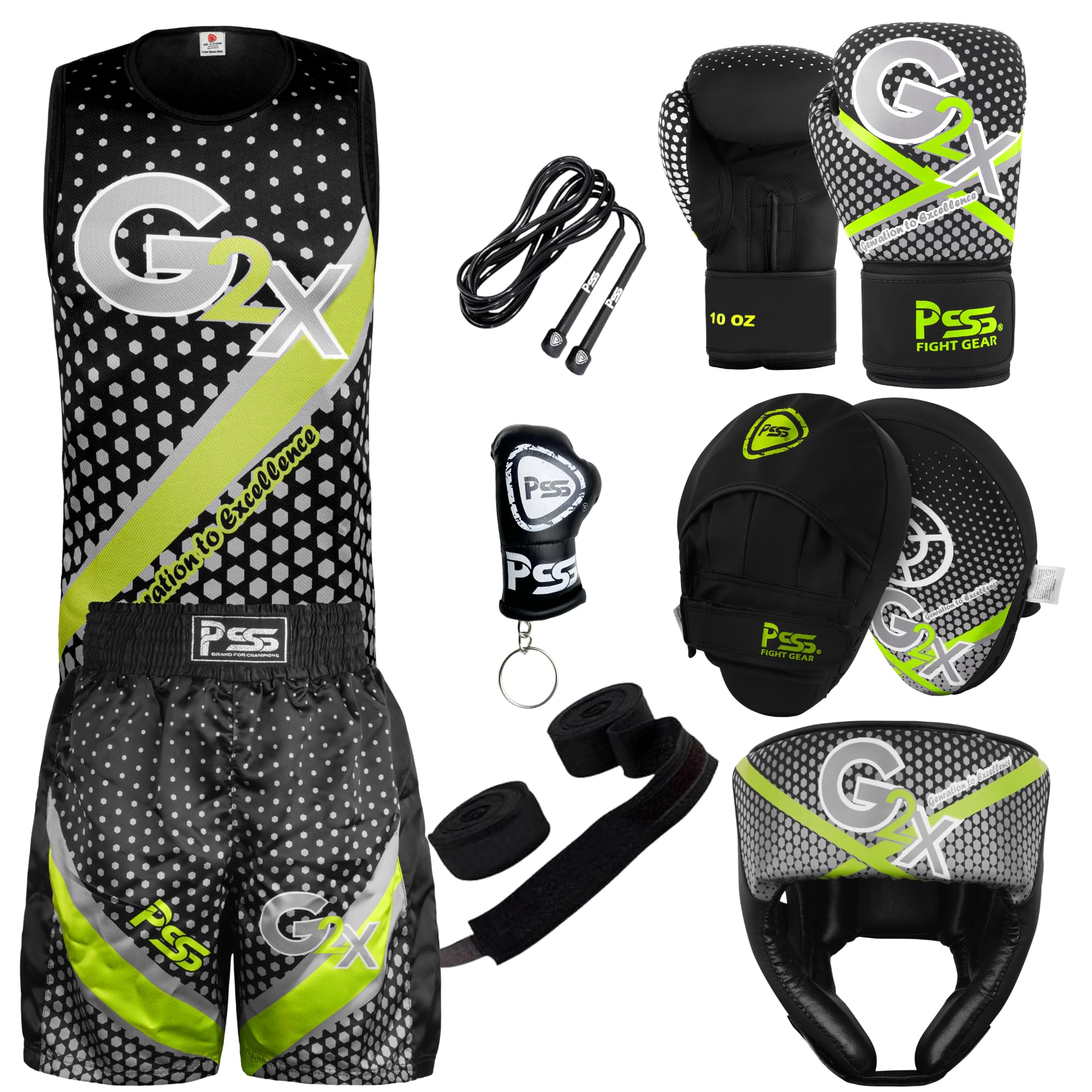 PSS Kids Boxing Set-Boxing Gloves, Uniform, Focus Pad, and Head Guard - Safe, Durable, Lightweight Equipment for Boys/Girls Youth Training, Fitness (Black/Grey, 9-10 Year/ 6 oz)