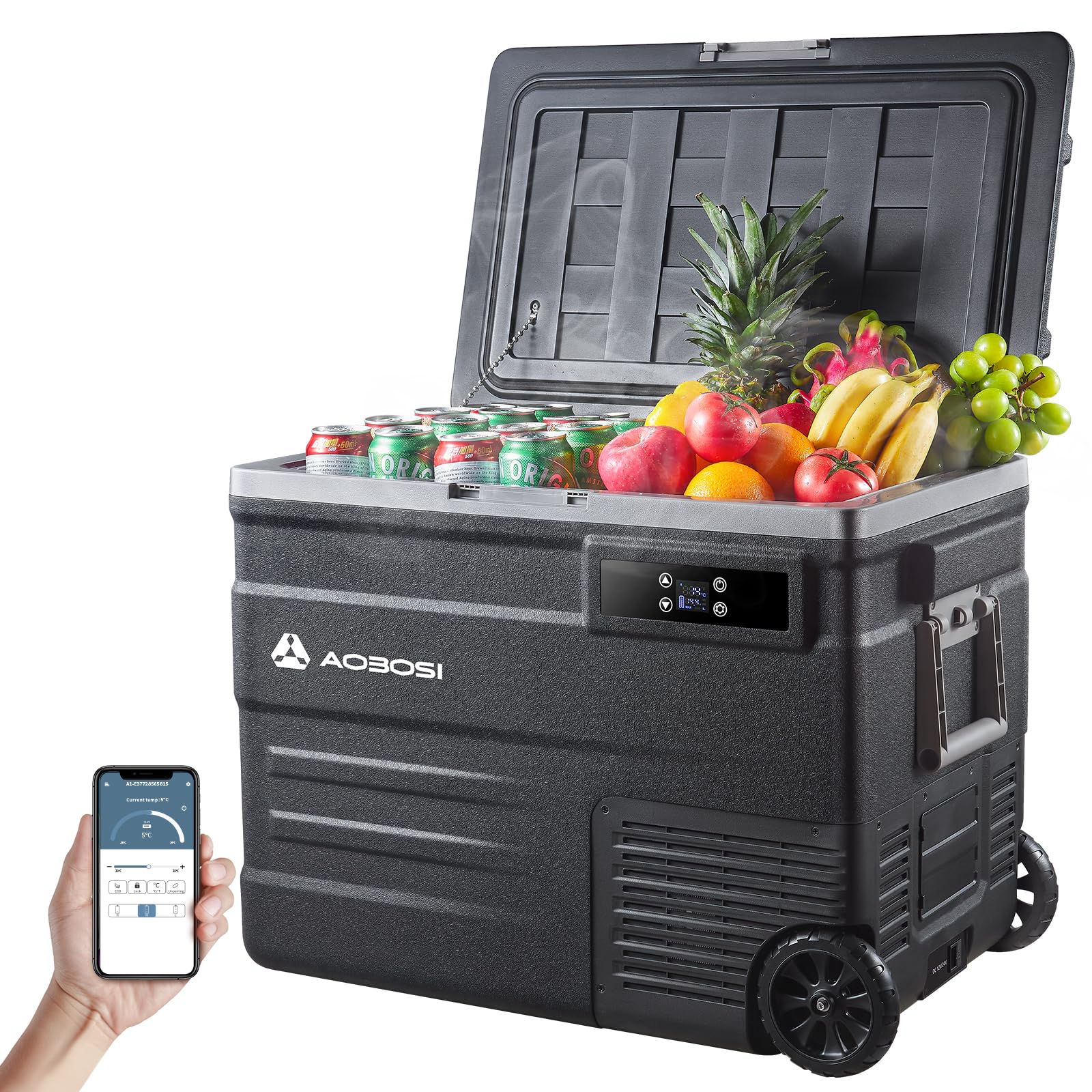 AAOBOSI 55L Kompressor Kühlbox, APP, LED, -20°C bis 20°C, 12/24V & 100-240V, mit Rädern