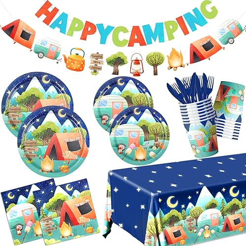 Decoraciones de fiesta de cumpleaños para campamento, vajilla temática de campamento, platos Happy Camper, servilletas, tazas, cubierta de mesa para