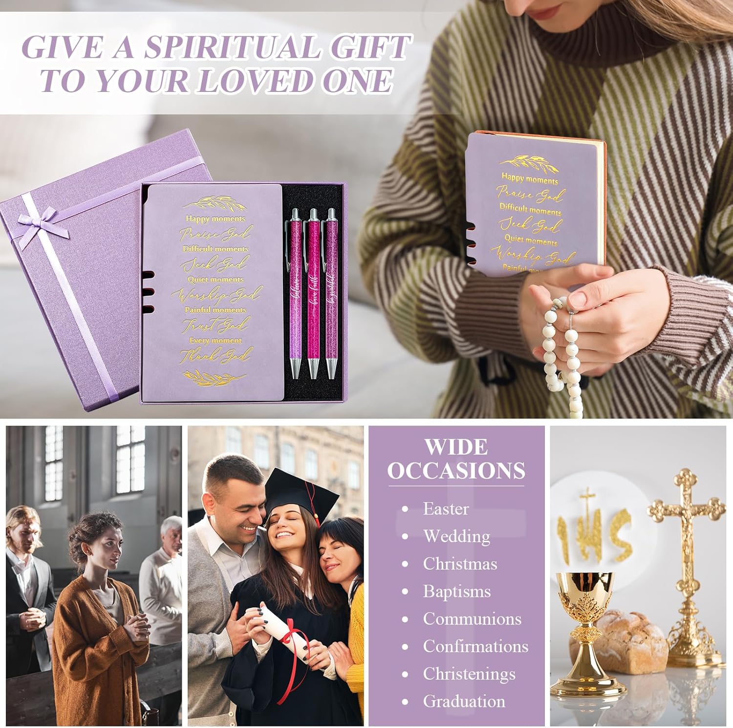 Spakon 5 Pcs Christian Gifts for Women Christian Easter Gifts Prayer Journal Religious for Women God Notebook Pen with Gift Box Scripture Notepad for Church Sunday School Favors(Purple, Bible) - Image 5