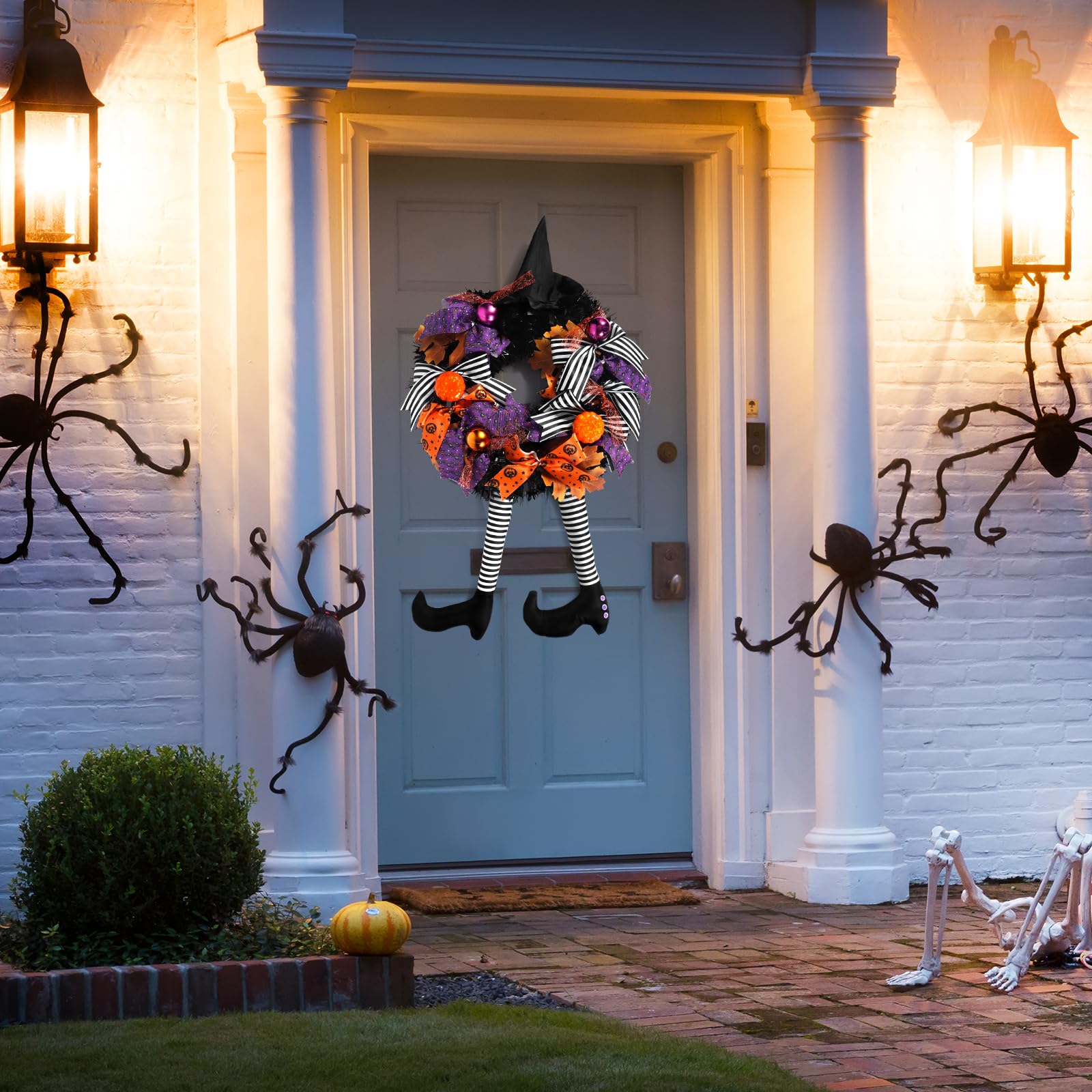 Halloweenowy Wieniec na Drzwi z Nogą Czarownicy, Strasznym Kapeluszem Wiedźmy i Dynią - Dekoracja na Halloween, Podwórko, Werandę, Okna