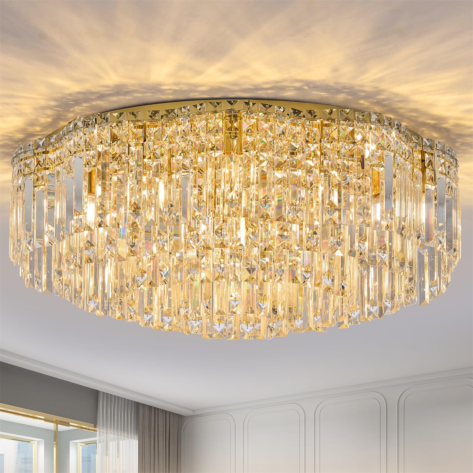 Photo 1 of 30 inch Flush Mount Crystal Ceiling Lights, Gold Modern Crystal Chandeliers with Warm White Light Bulb (2700K), Flush Mount Chandeliers Light Fixtures for Bedroom Living Room Hallway Entryway