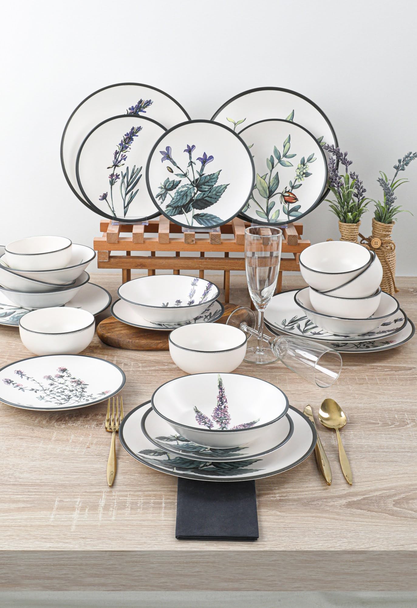 Elegantes 24-teiliges Keramik-Essgeschirr-Set, 100% Steinzeug, antibakteriell und leicht zu reinigen, spülmaschinen- und mikrowellengeeignet, stilvolles Weiß, Grün, Lila und Schwarz