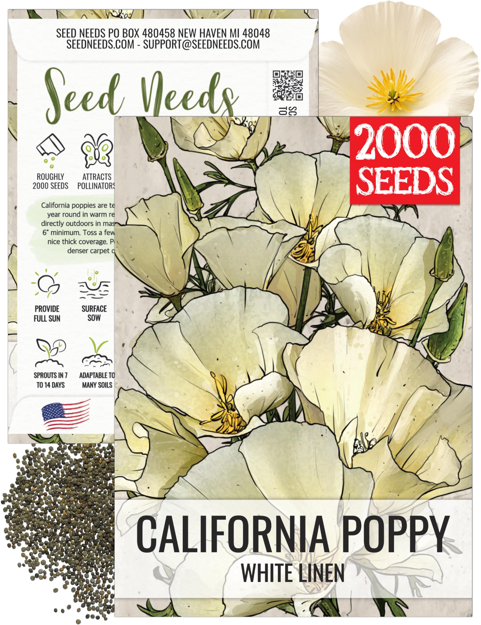 View 1 of **2 SEED PACKETS** Seed Needs White Linen California Poppy Seeds - 1 Pack AND BEE BALM