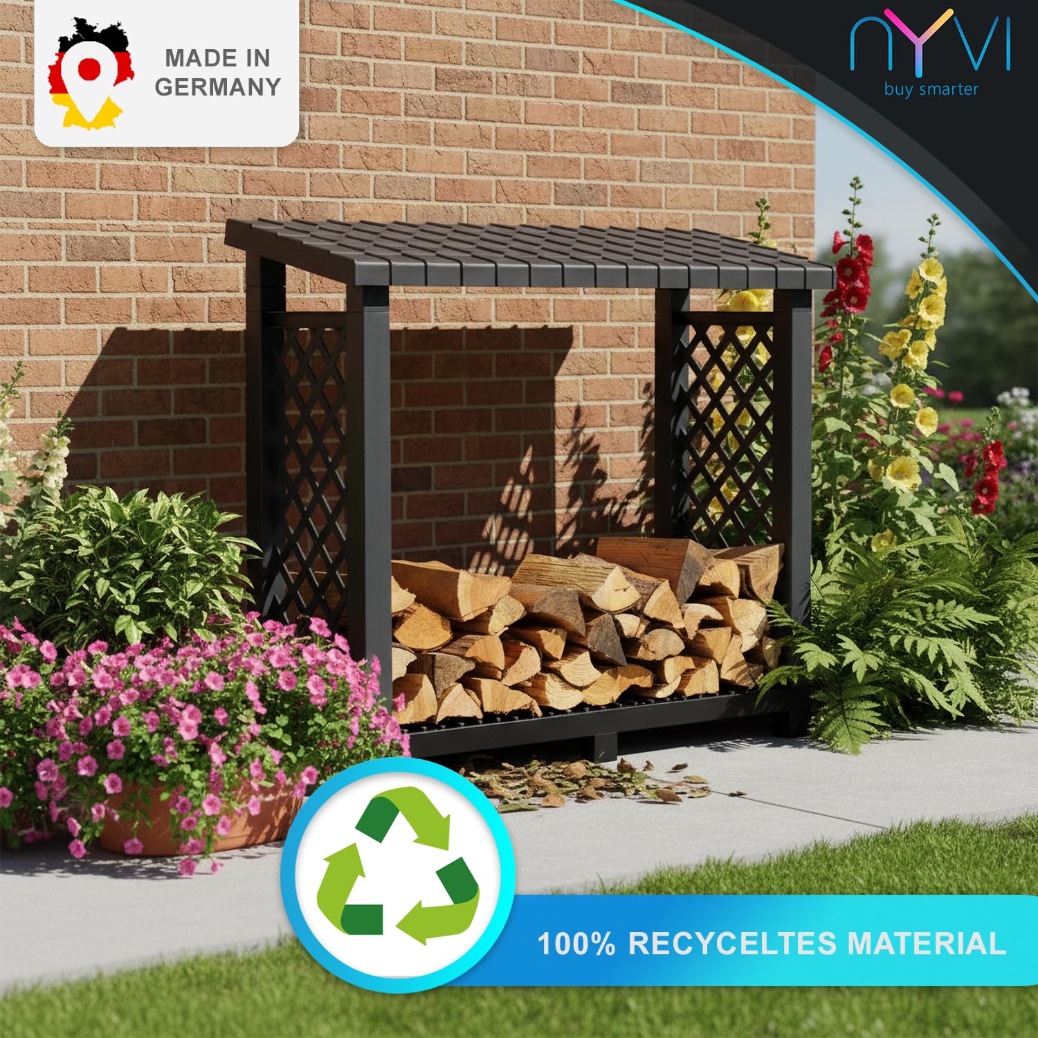 NYVI Kaminholzregal mit Dach & erhöhtem Boden für Außen - Recycelter Kunststoff - Wetterfest, Stabil, Langlebig - Kaminholzunterstand 114x102x47 cm Schwarz Outdoor - einfache Montage ohne Werkzeug