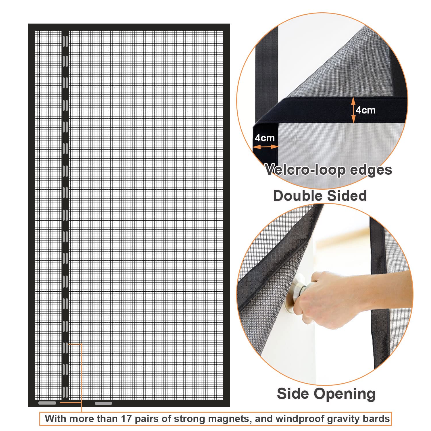 Risareyi Side Opening Magnetic Mosquito Net 180 x 240 cm, Black Fiberglass Mesh Very Resistant, Mosquito Net Curtain, Door Window, Balcony Door, Automatic Closing, with Adhesive Tape - 3