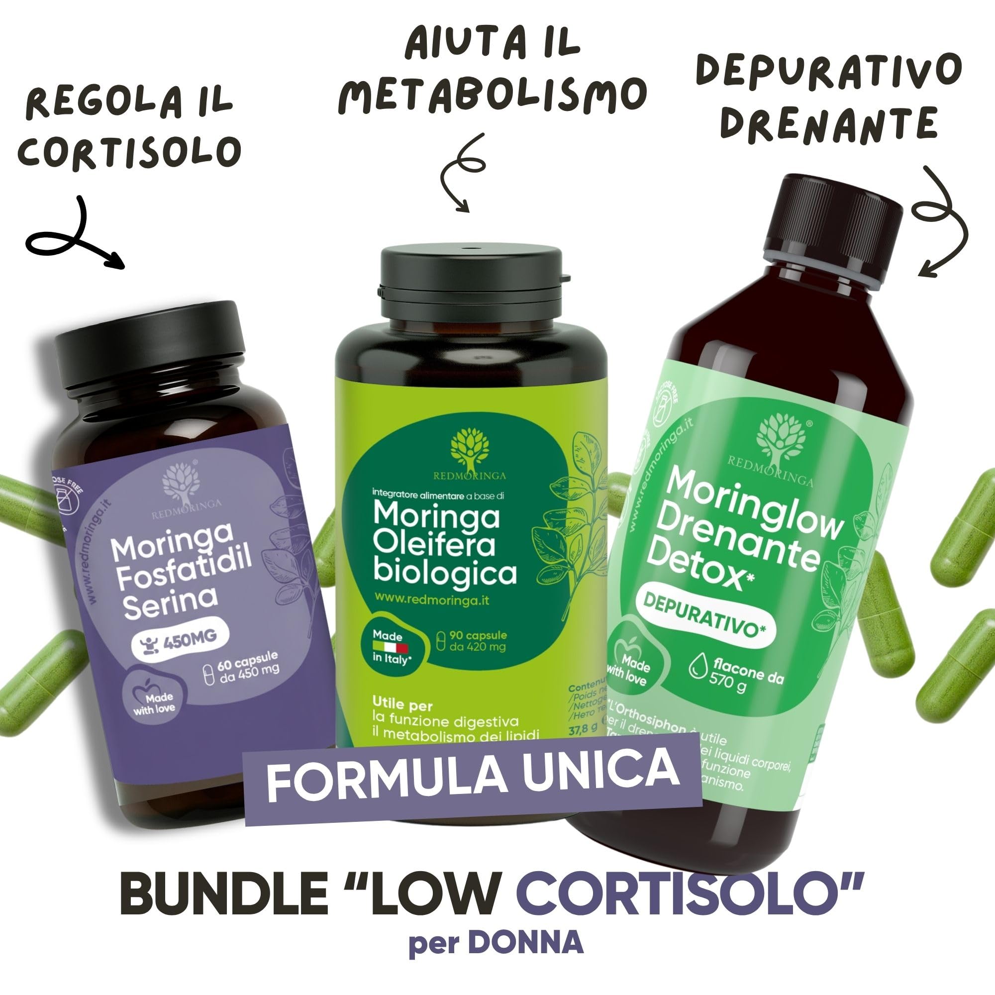 LOW CORTISOLO DONNA – Fosfatidilserina 450 mg + Moringa Bio + Drenante Liquido 11 Erbe con Tarassaco, Betulla, Ananas – Stress, Depurazione Fegato e Ritenzione – Made in Italy – RedMoringa